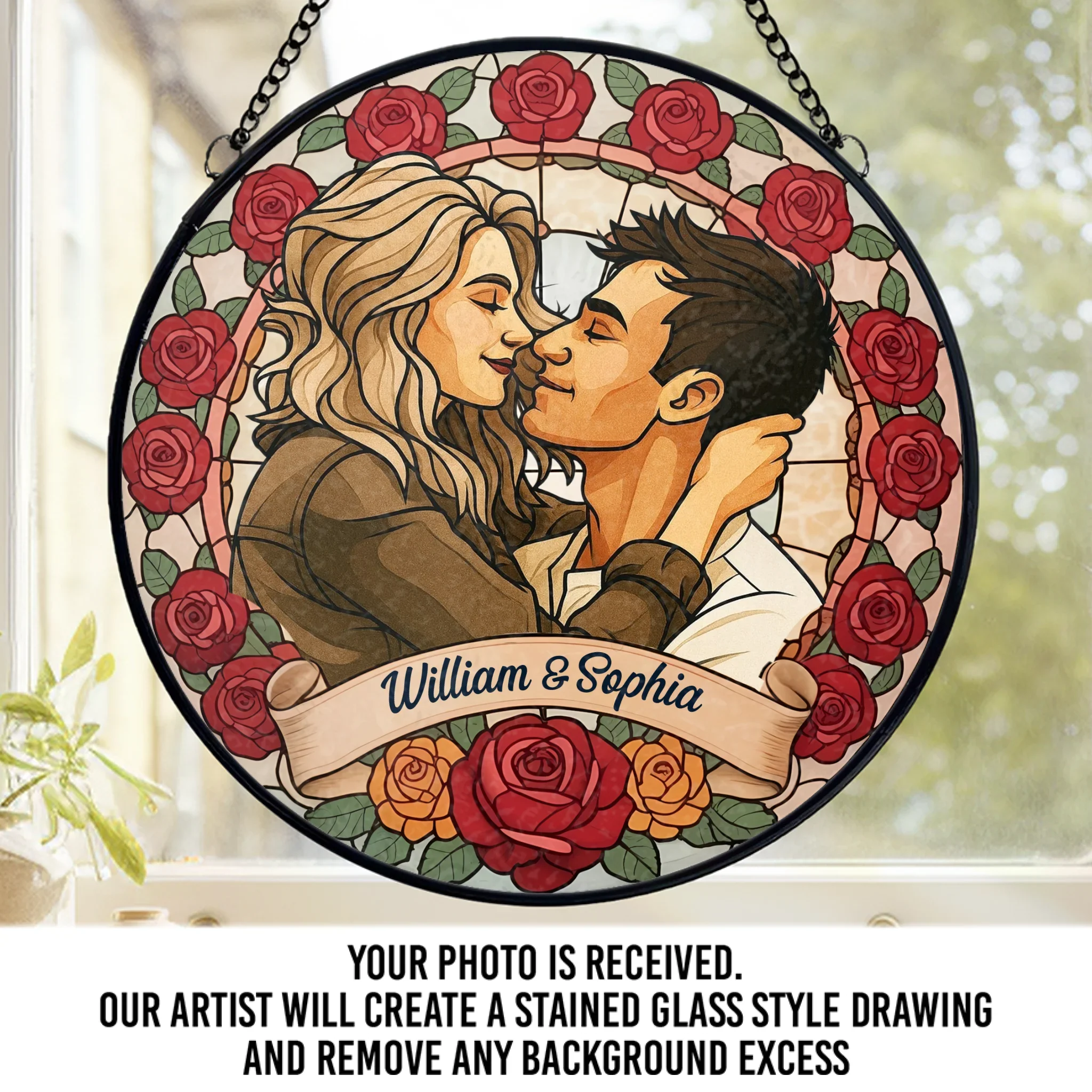 Custom Photo Stained Glass Window Hanging Suncatcher - Personalized Anniversary Wedding Gifts For Husband And Wife, Him And Her - A Love Framed In Roses - Robaser