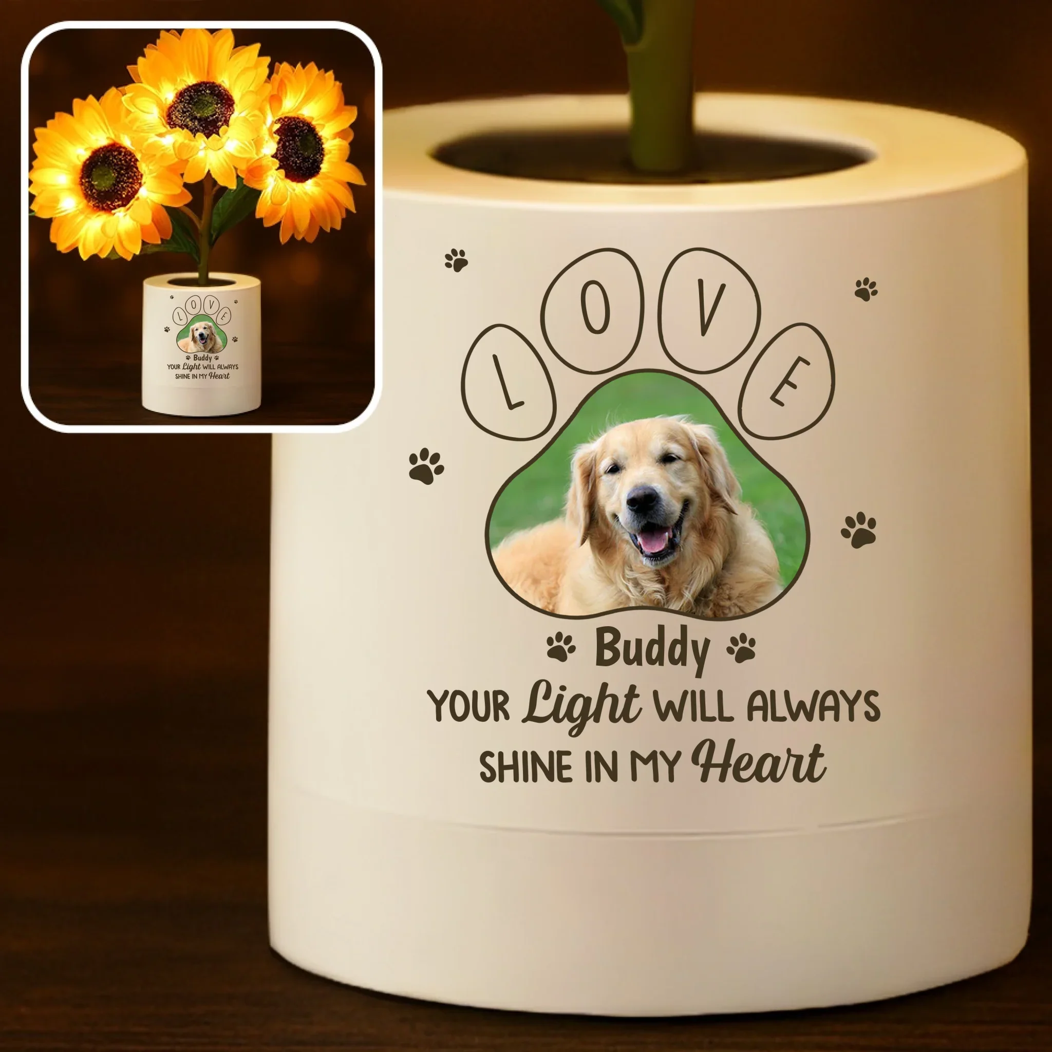 Custom Photo Sunflower Lamp Night Light - Personalized Pet Memorial Gifts For Dogs, Cats - I Will Meet You At The Rainbow Bridge - Robaser