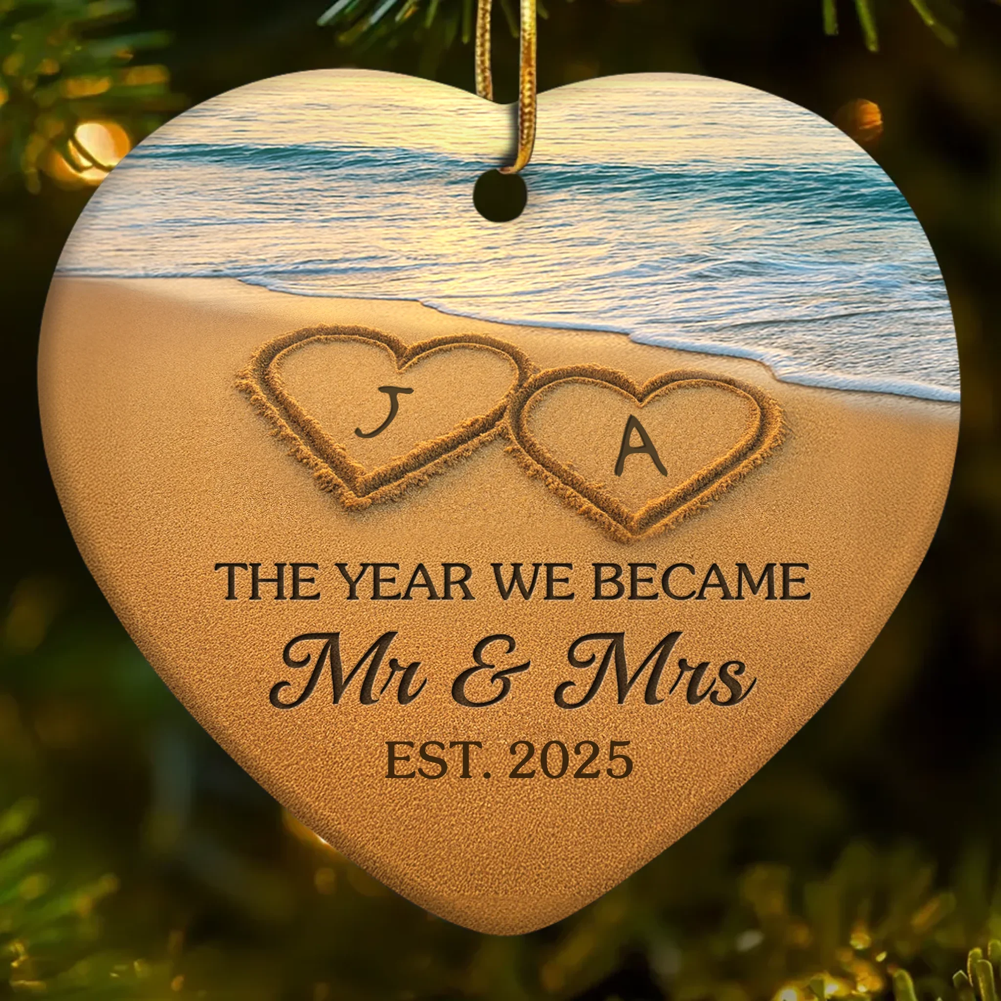 Custom Ceramic Ornament - Personalized Anniversary Christmas Wedding Gifts For Husband And Wife, Him And Her - Our Happily Ever After, Set In Sand - Robaser
