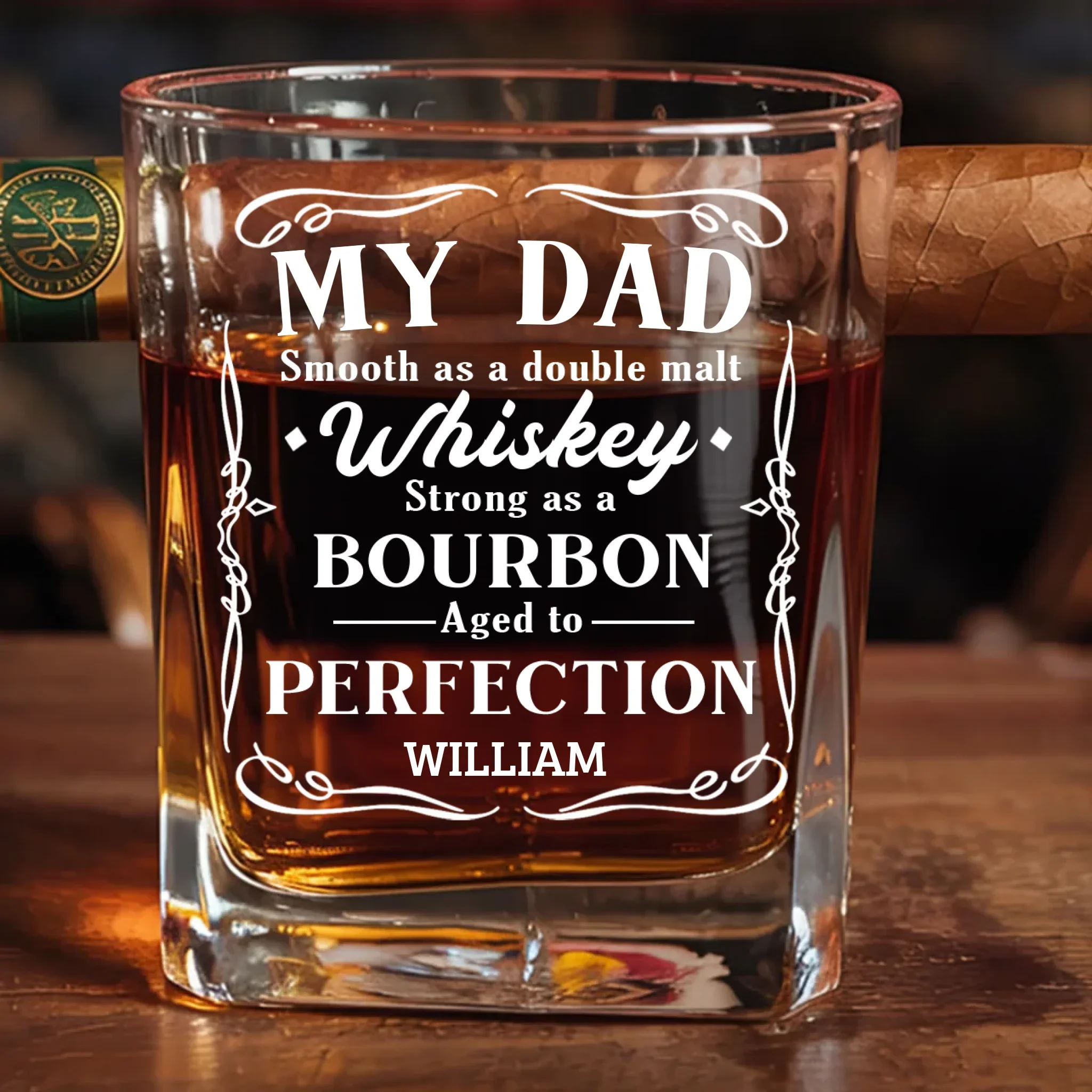 Bourbon  s Got Flavor, But Dad  s Got Soul - Family Personalized Custom Whiskey Glass With Cigarette Holder - Father's Day, Gift For Dad, Grandpa - Robaser