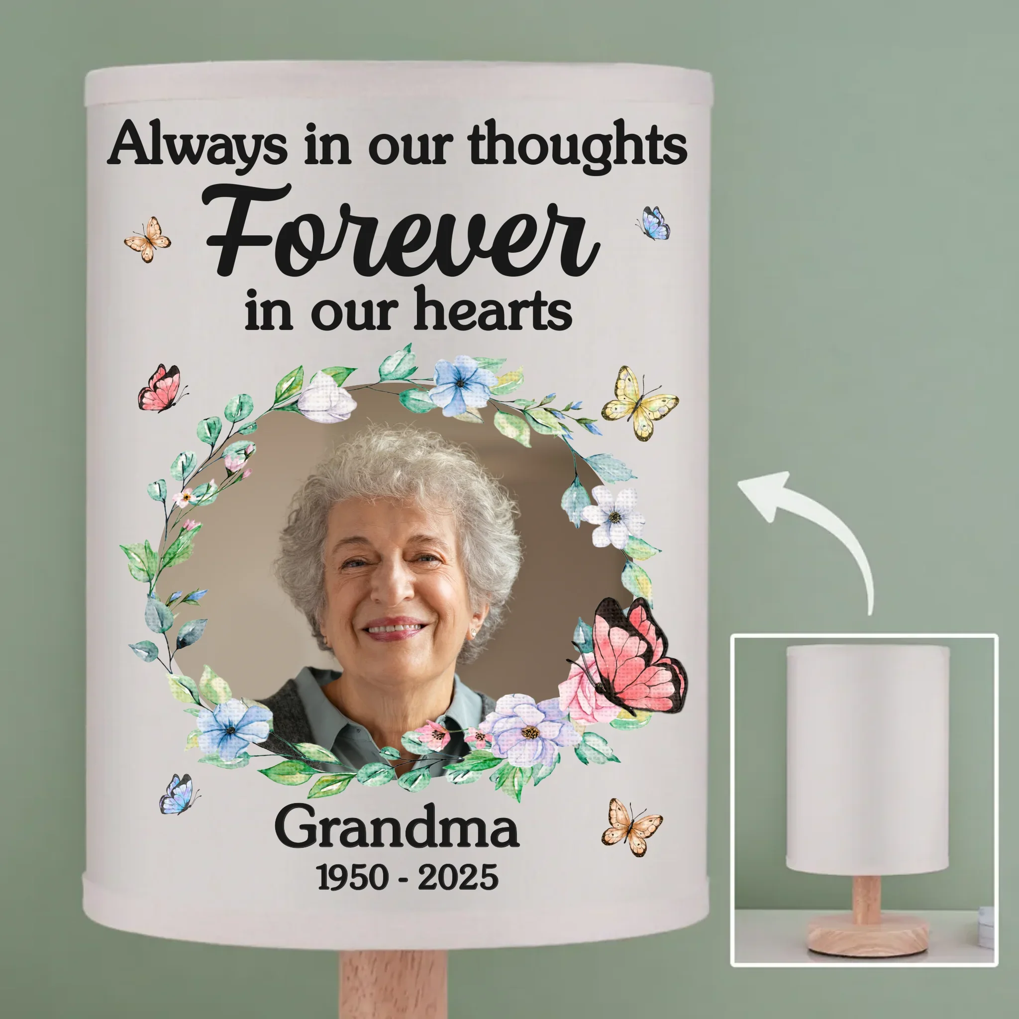 Custom Photo Butterfly Kisses From Heaven - Memorial Personalized Custom Linen Bedside Table Lamp - Sympathy Gift For Family Members - Robaser