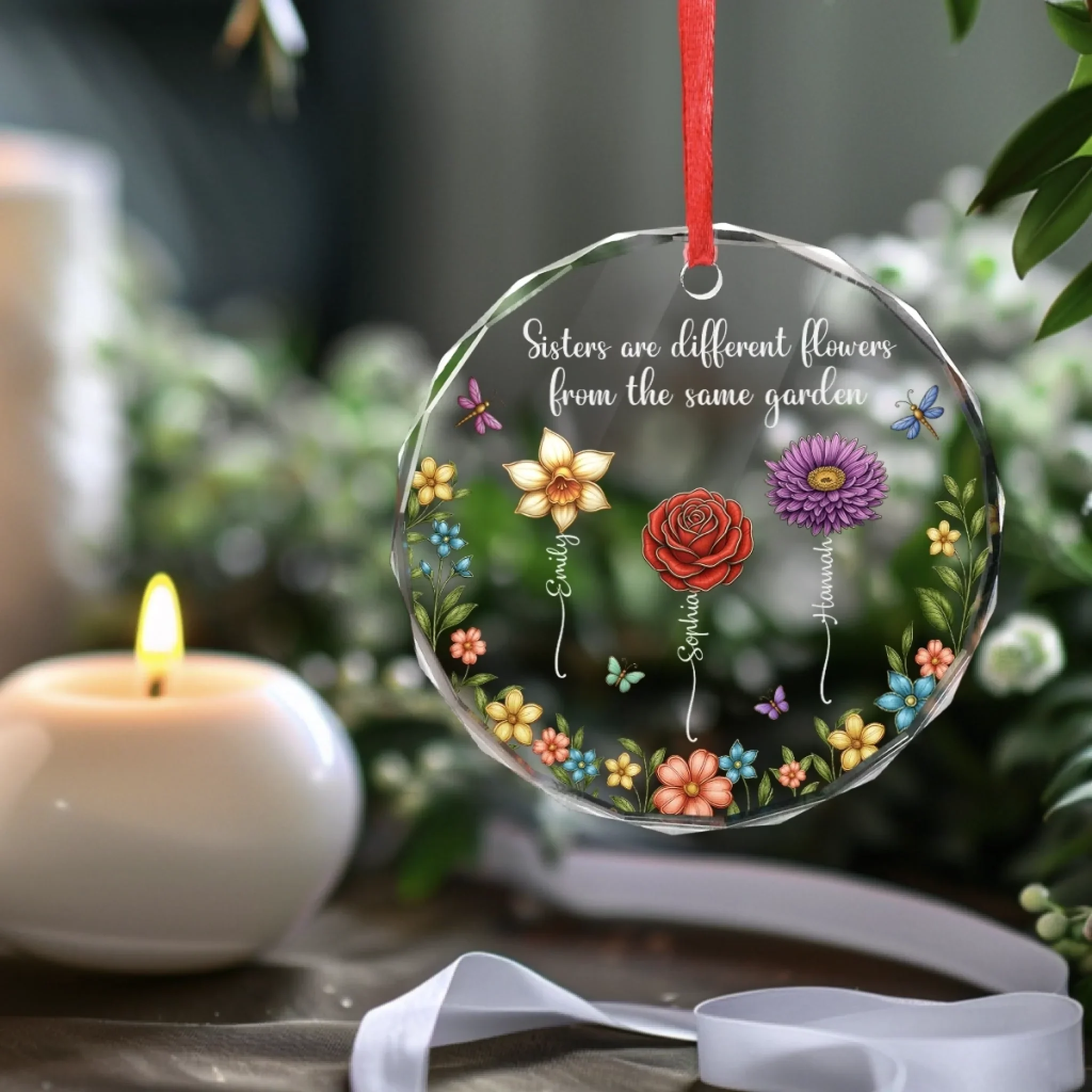Custom Circle Glass Ornament - Personalized Christmas Best Friend Birthday Gifts For Women, Besties, Sisters, BFF - Sisters Different Flowers Shared Garden - Robaser