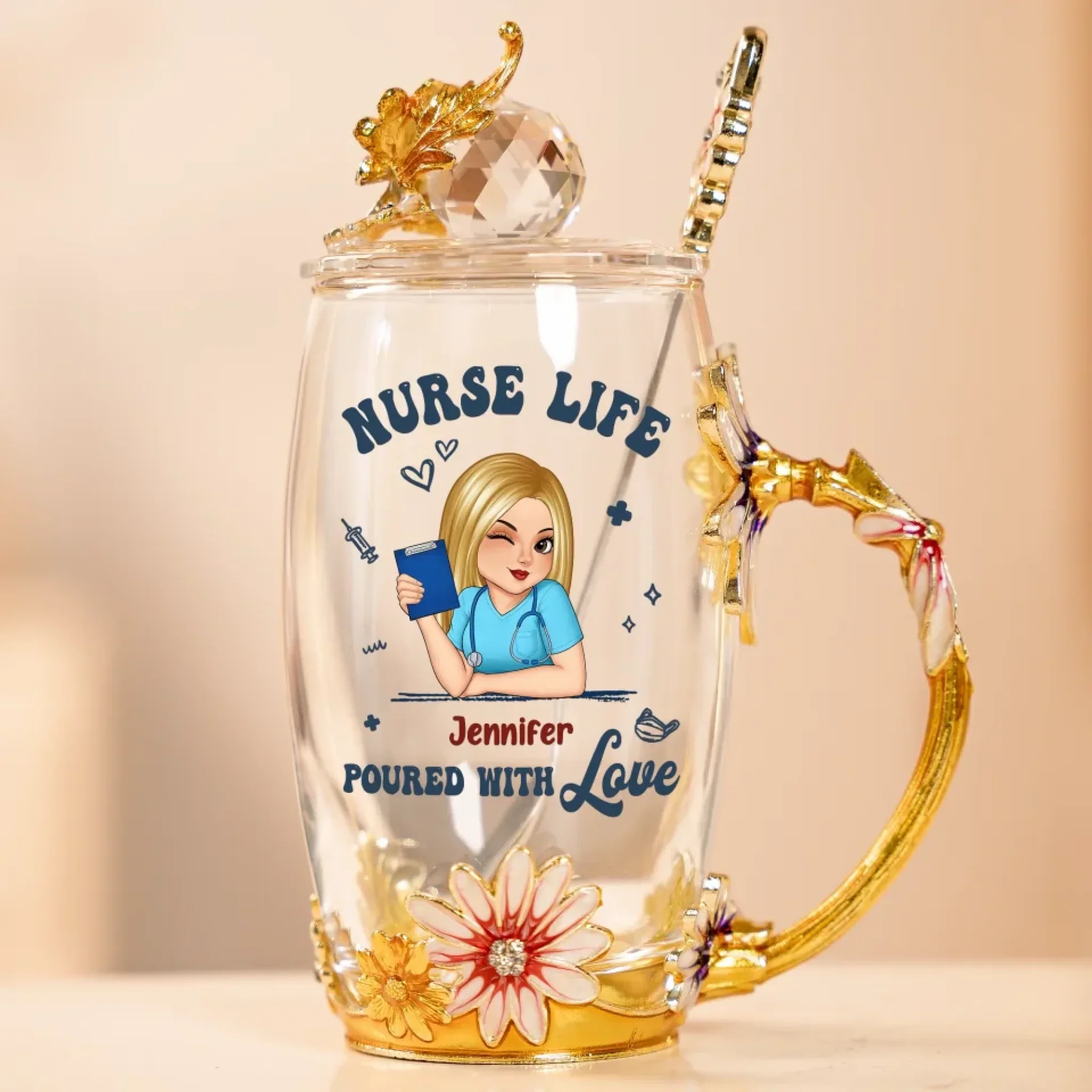 Life Saver In Cute Scrubs - Nurse Personalized Custom Enamel Flower Tea Cup With Lid & Spoon - Appreciation, Thank You Gift, Nurse Life, Doctor Life - Robaser