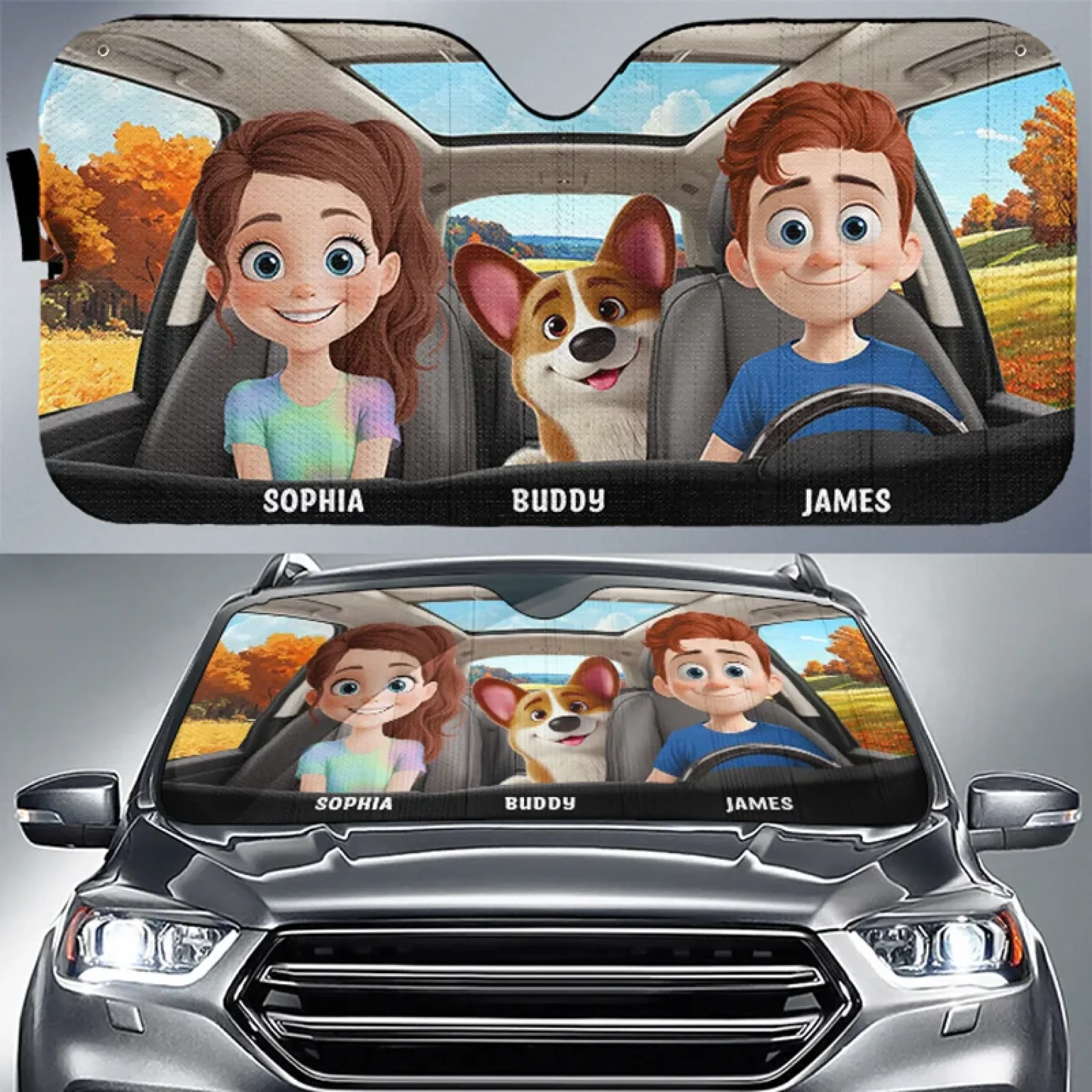 Family Rides And Puppy Vibes - Dog & Cat Personalized Custom Auto Windshield Sunshade, Car Window Protector - Gift For Couple, Anniversary, Pet Owners, Pet Lovers - Robaser