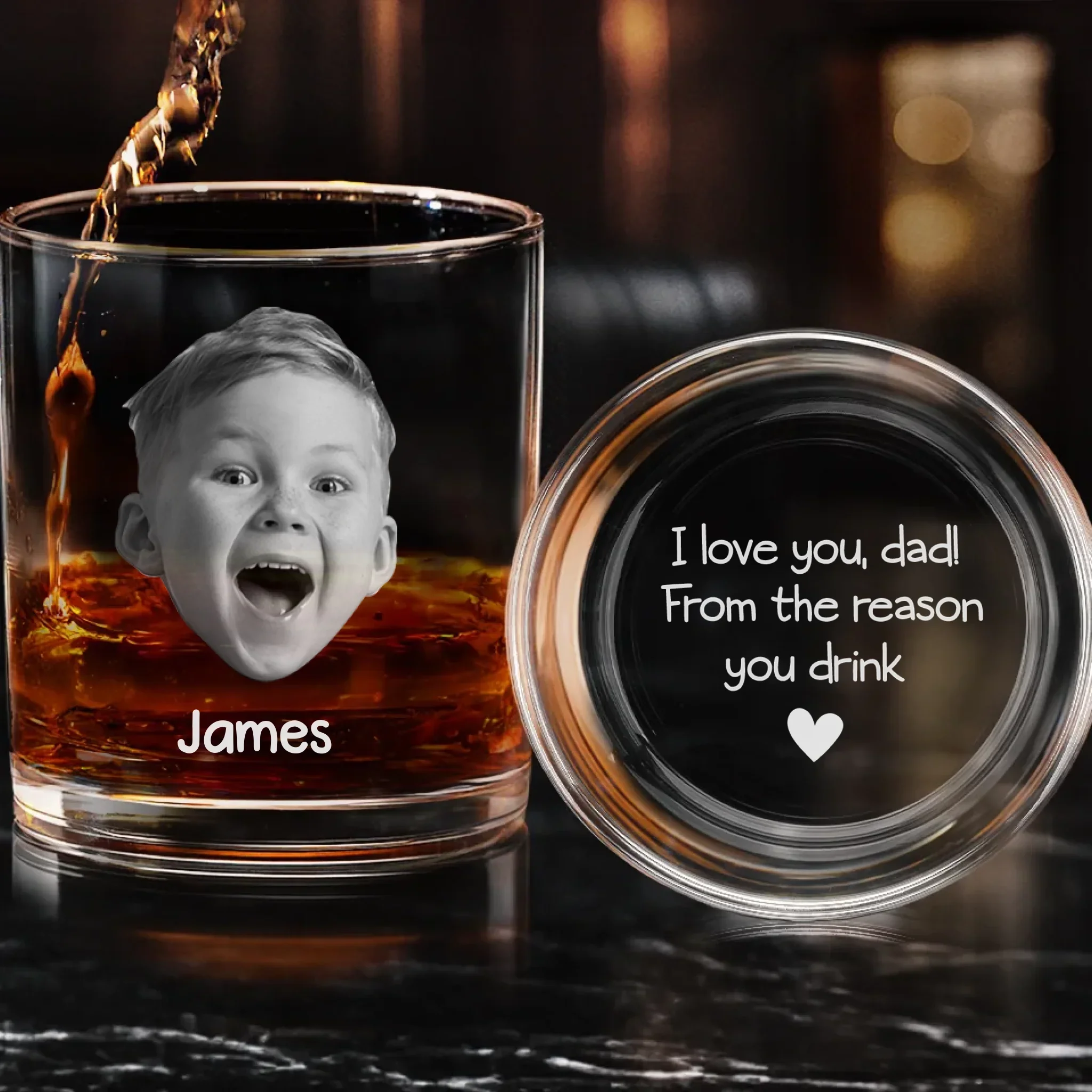 Custom Photo Because Of Me, You Deserve This Drink - Family Personalized Custom Whiskey Glass With Bottom And Side Engraving - Father's Day, Gift For Dad, Grandpa - Robaser
