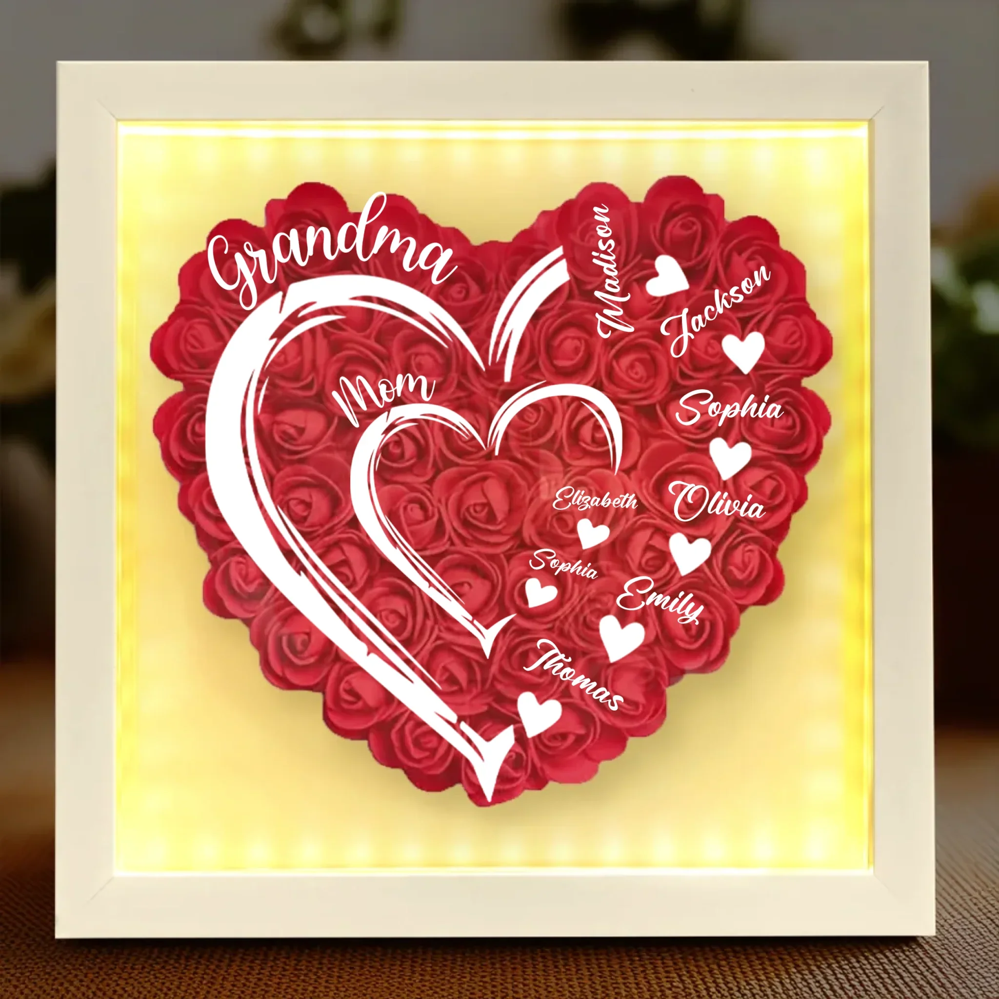 Love In Full Bloom - Family Personalized Custom Flower Shadow Box with LED - Mother's Day, Gift For Mom, Grandma - Robaser