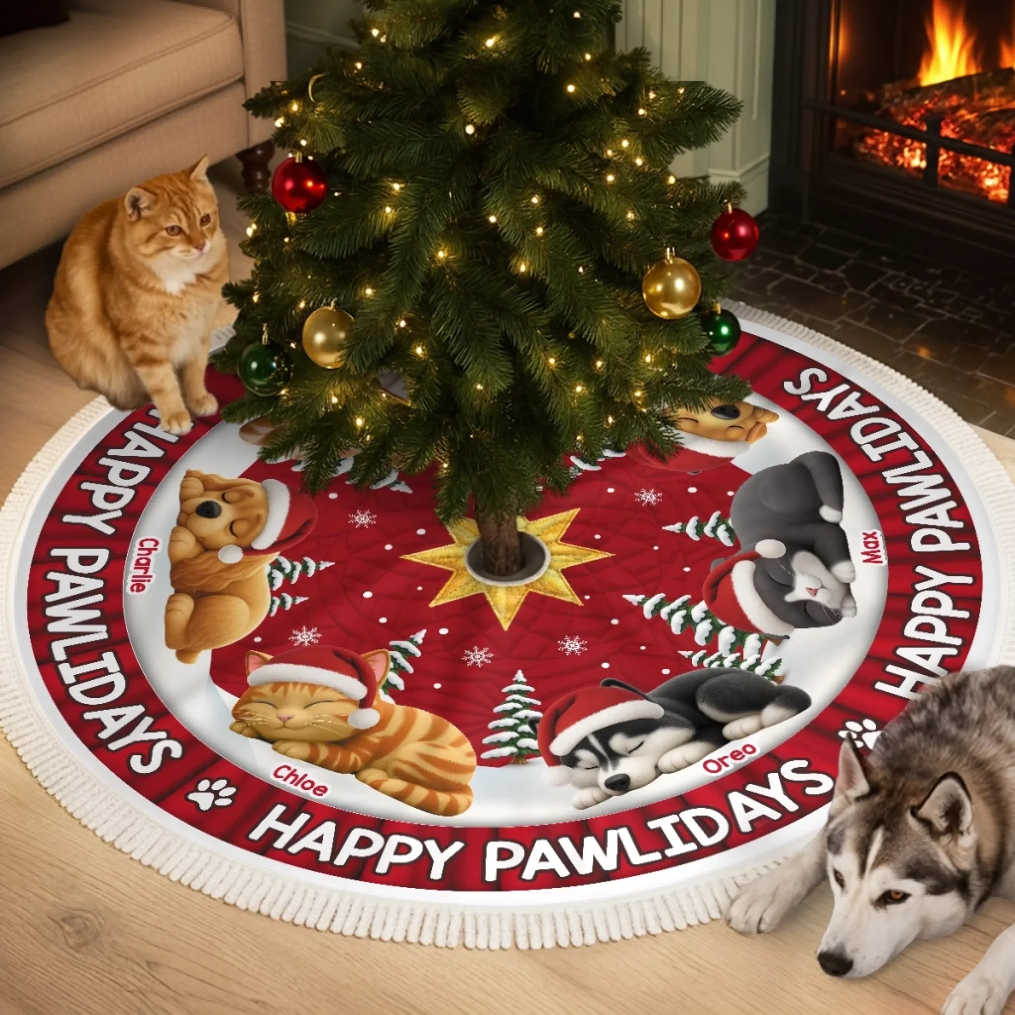 Custom Tree Skirt - Personalized Christmas Birthday Gifts For Dog Cat Lovers, Dog Dad And Mom, Cat Owners - Dreaming Of A Furry Christmas - Robaser