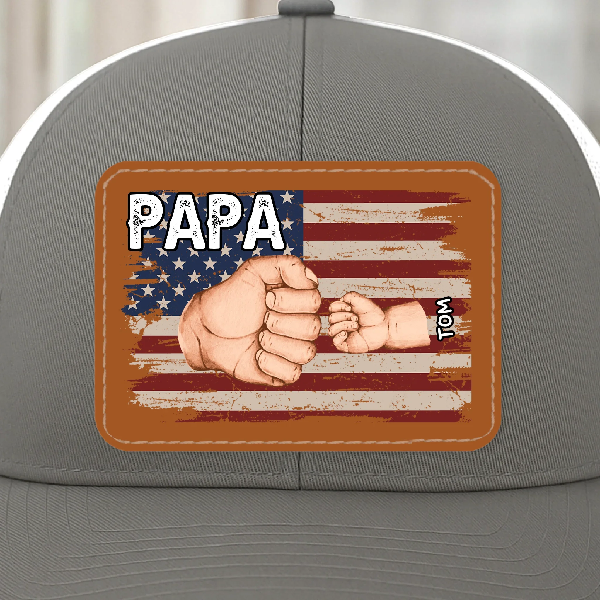 Strong Hands, Soft Heart - Family Personalized Custom Leather Patch Mesh Cap - 4th Of July, Gift For Dad, Grandpa - Robaser