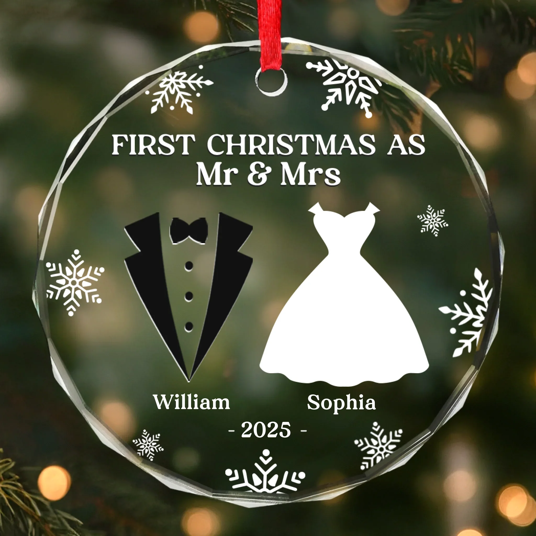 Custom Heart, Round Glass Ornament - Personalized Anniversary Christmas Wedding Gifts For Husband And Wife, Him And Her - Our First Christmas As Mr & Mrs - Robaser