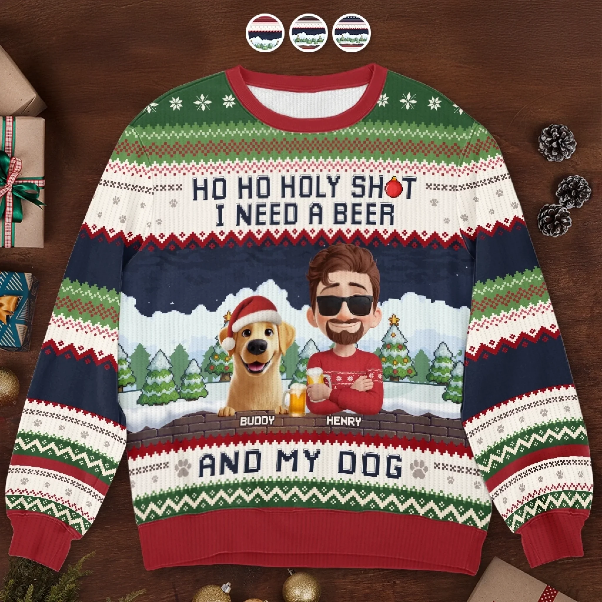 Custom Unisex Ugly Sweatshirt - Personalized  Christmas Birthday Gifts For Dog Lovers, Dog Dad And Mom - Ho Ho Hold My Beer - Robaser