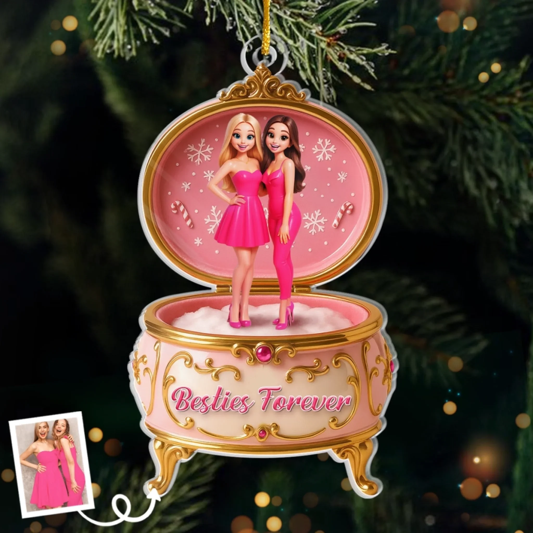 Custom Photo Acrylic Ornament - Personalized Christmas Best Friend Birthday Gifts For Women, Besties, Sisters, BFF - Forever Besties In Pink - Robaser