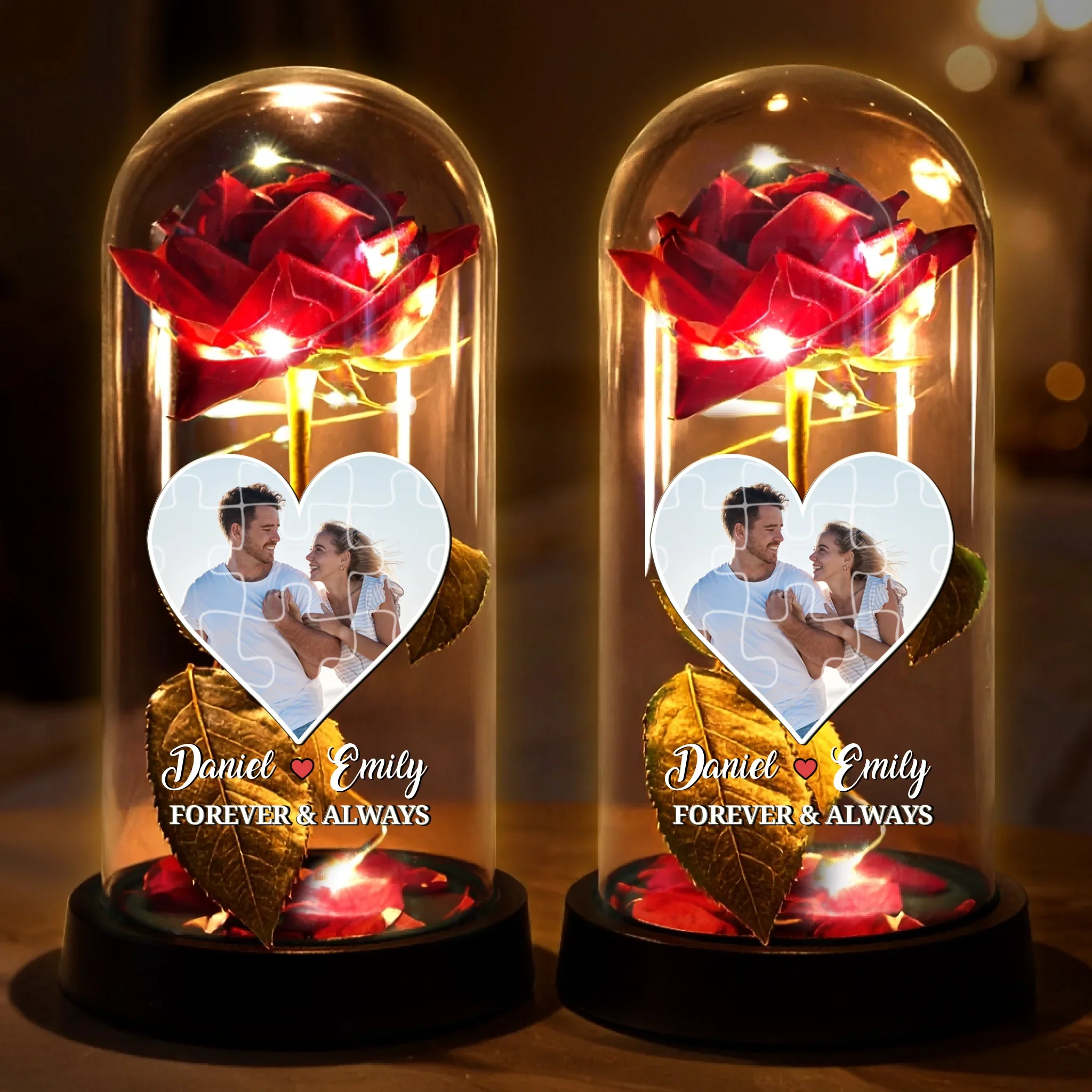 Custom Photo Light Up Eternal Rose In Glass Dome - Personalized Anniversary Wedding Gifts For Husband And Wife, Him And Her - Our Love Shines Forever - Robaser