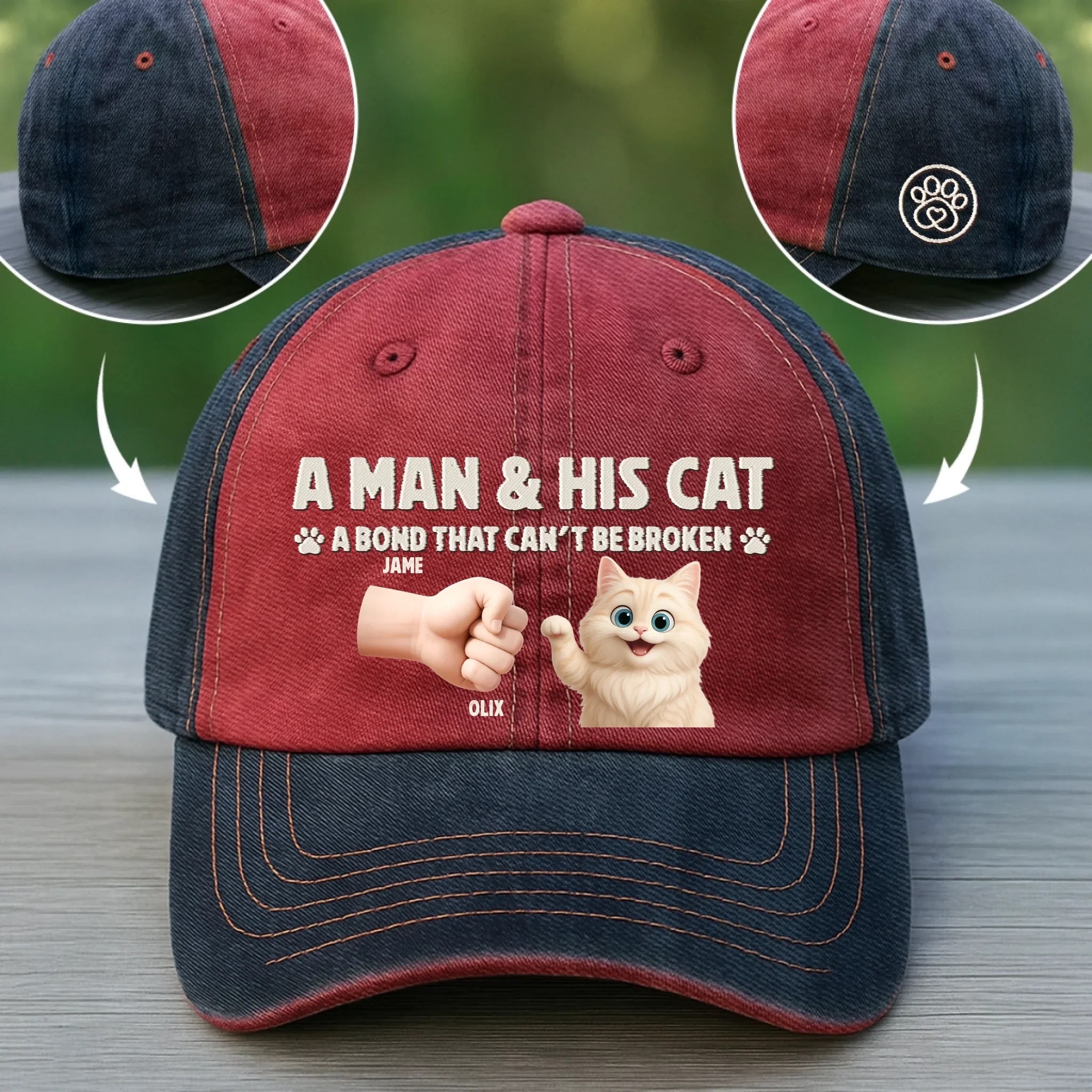 Custom Embroidered Effect Washed Denim Baseball Cap - Personalized Birthday Gifts For Cat Lovers, Cat Mom And Dad - Cat Dad Vibes Only - Robaser