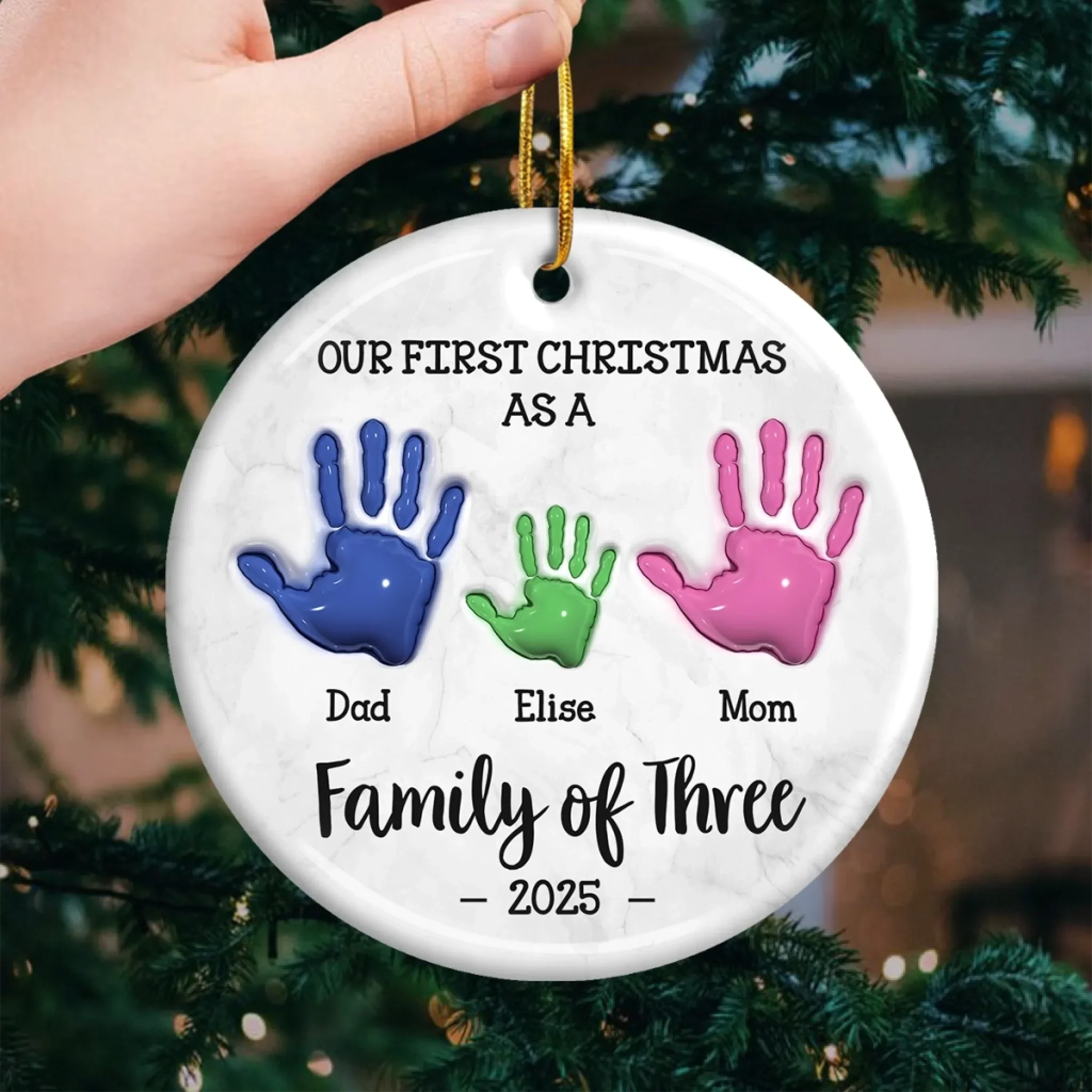 Custom Ceramic Ornament - Personalized Christmas Birthday Gifts For Mom, Dad, Kids - Our First Handprint Christmas Keepsake - Robaser