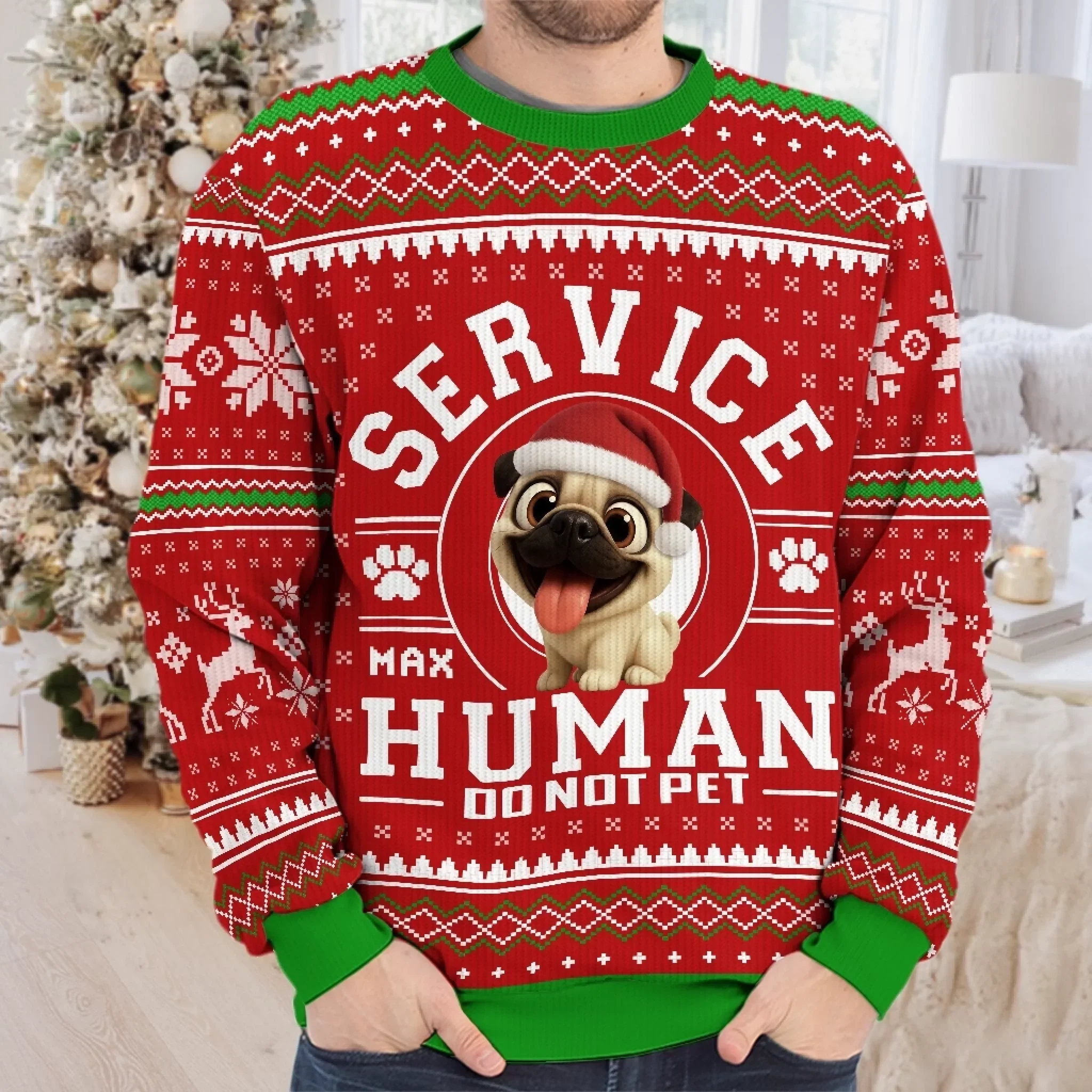 Custom Unisex Ugly Sweatshirt - Personalized  Christmas Birthday Gifts For Dog Lovers, Dog Dad And Mom - Service Human On Duty - Robaser