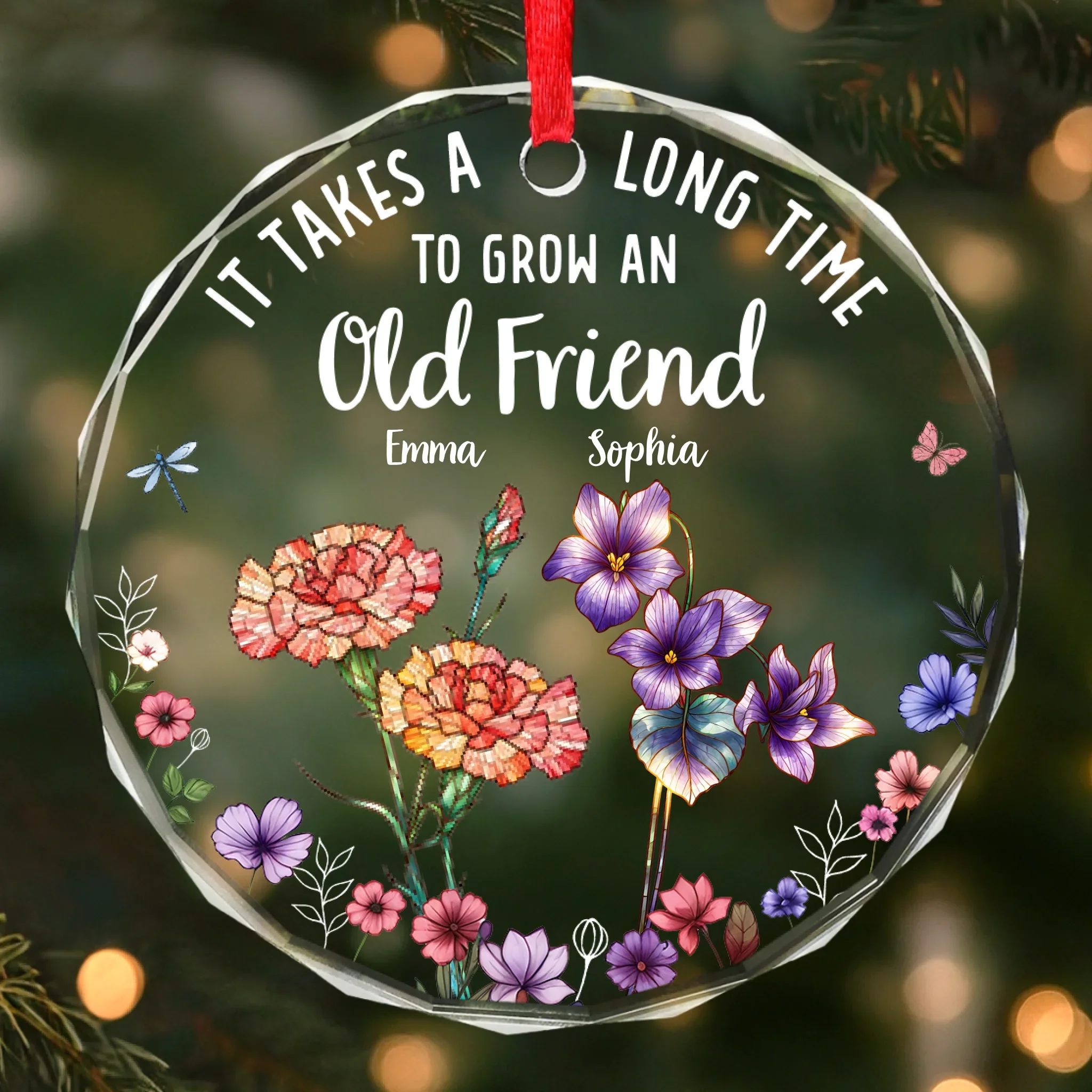 Custom Circle Glass Ornament - Personalized Christmas Best Friend Birthday Gifts For Women, Besties, Sisters, BFF - Friendship In Full Bloom - Robaser