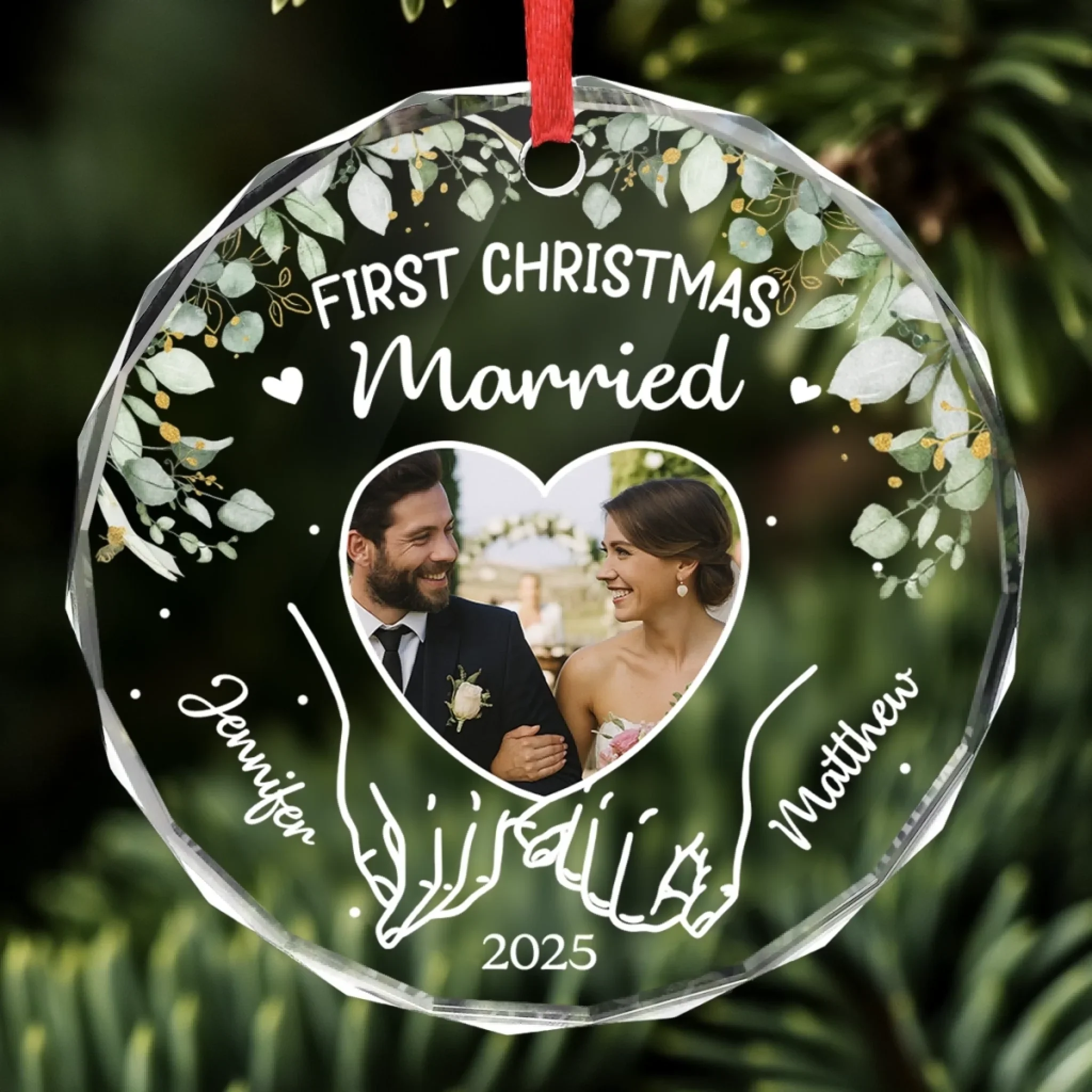 Custom Photo Circle Glass Ornament - Personalized Anniversary Christmas Wedding Gifts For Husband And Wife, Him And Her - Wrapped In Love, Tied With Joy - Robaser