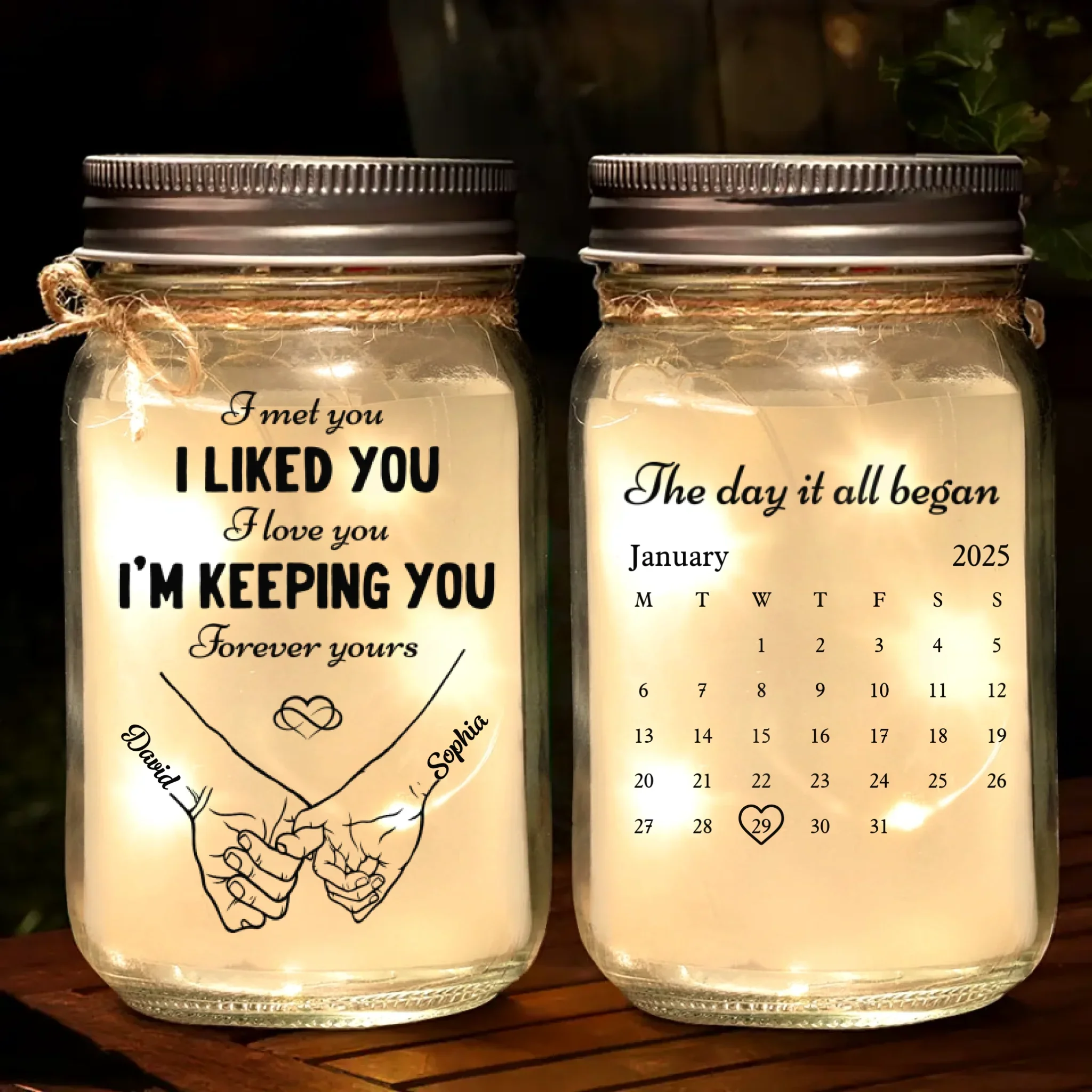 Custom Mason Jar Light - Personalized Anniversary Wedding Gifts For Husband And Wife, Him And Her - Love, Bottled And Glowing - Robaser