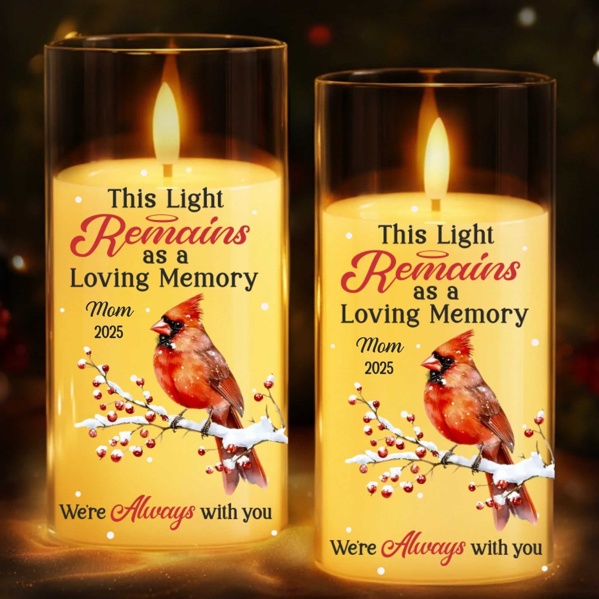 Custom Cardinal LED Candle Light - Personalized Christmas Memorial Sympathy Gifts For Loss Of Mom, Dad - Love Never Fades It Glows - Robaser