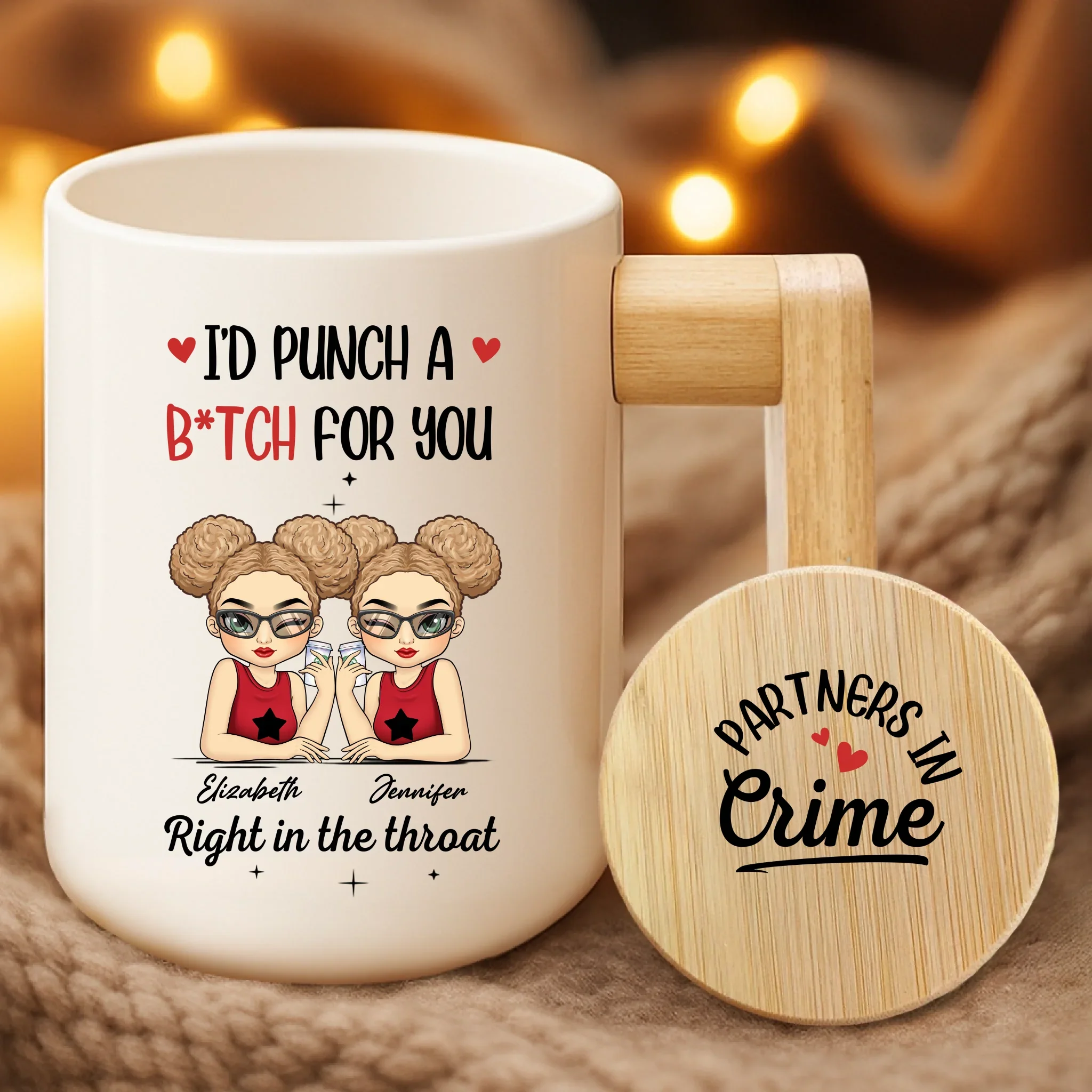 Custom Ceramic Mug With Wooden Lid & Handle - Personalized Best Friend Birthday Gifts For Women - Partners In Crime - Robaser