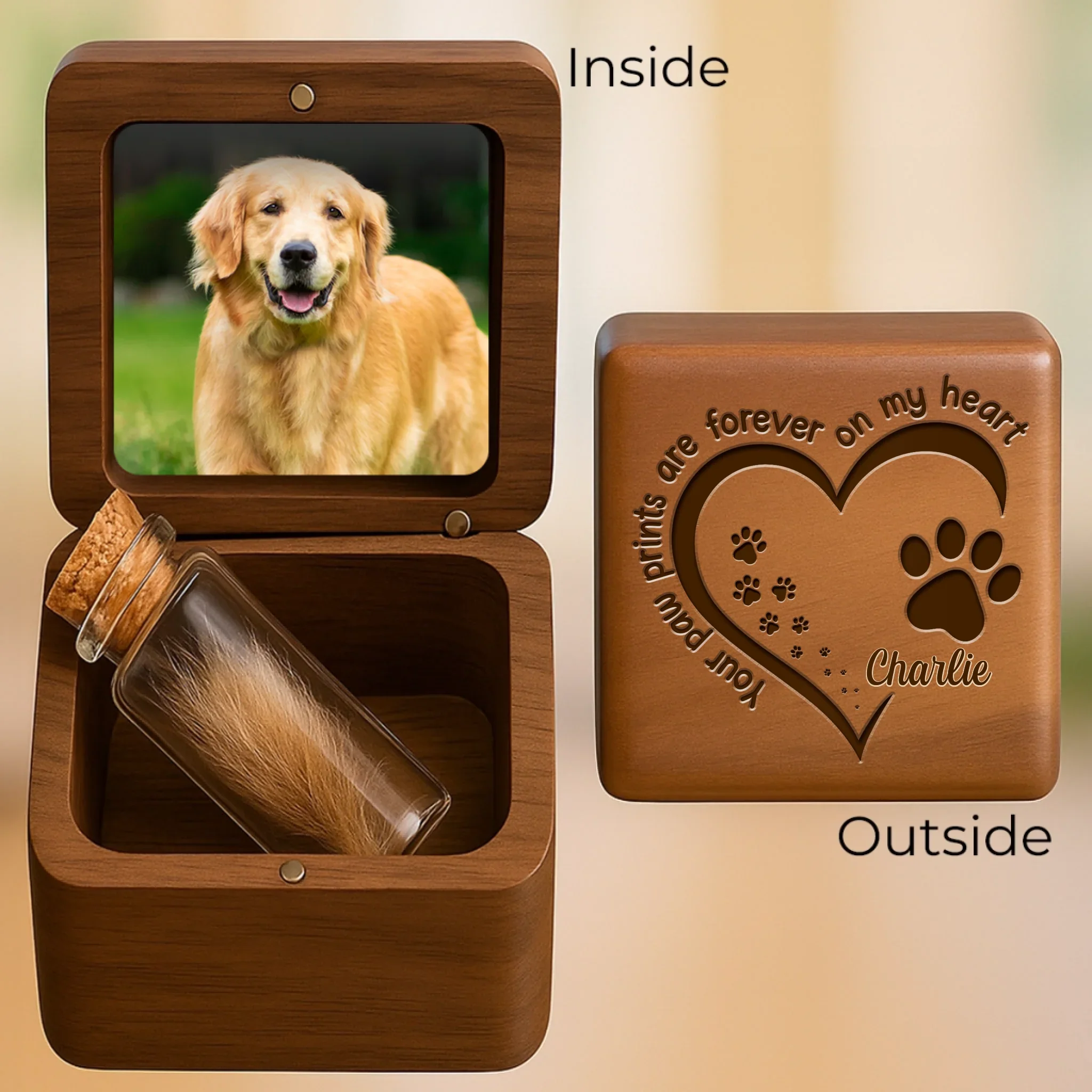 Custom Photo Wooden Pet Fur Keepsake Box - Personalized Pet Memorial Sympathy Gifts For Dogs, Cats - You Left Paw Prints On My Heart - Robaser