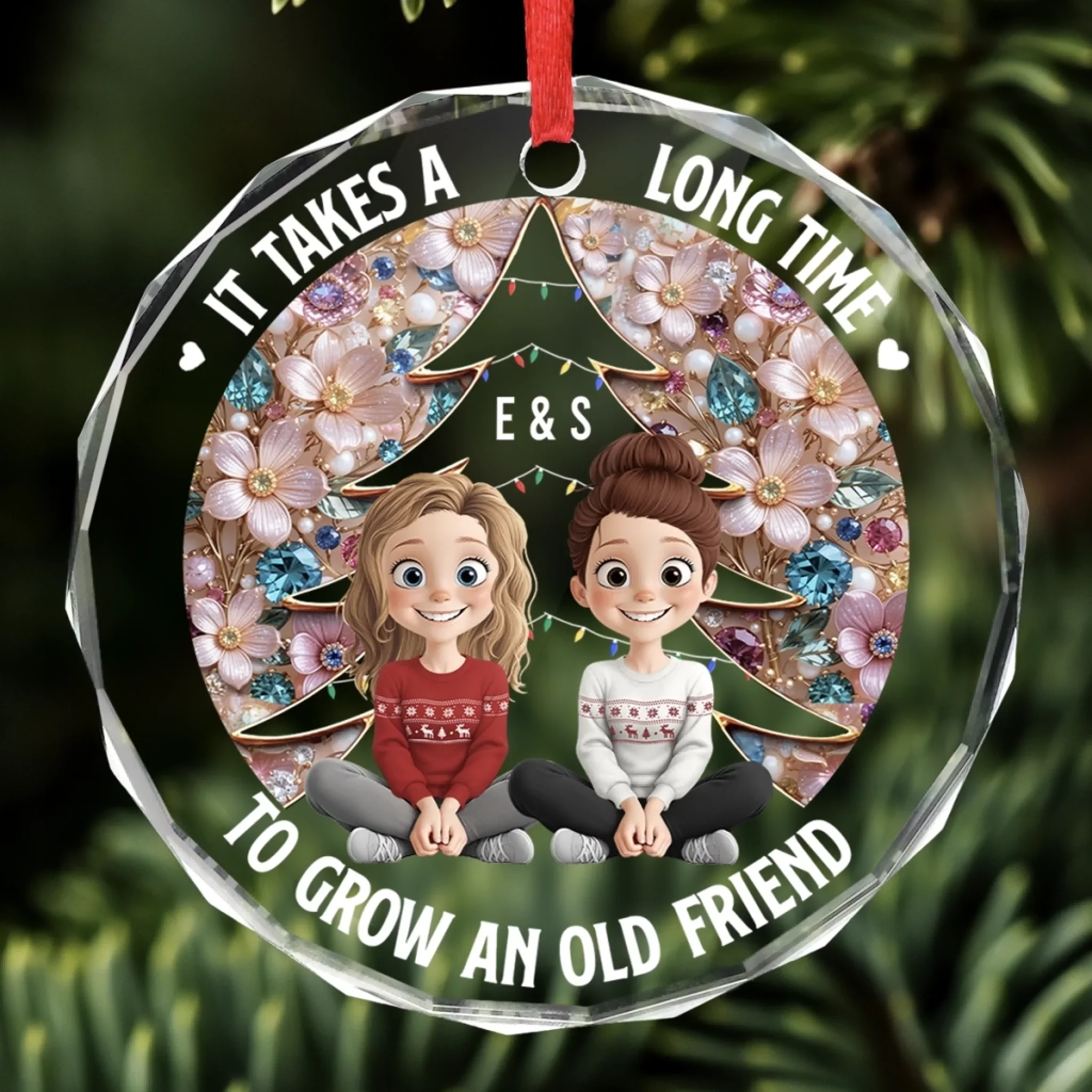 Custom Circle Glass Ornament - Personalized Christmas Best Friend Birthday Gifts For Women, Besties, Sisters, BFF - Old Friends Flourish With Time - Robaser