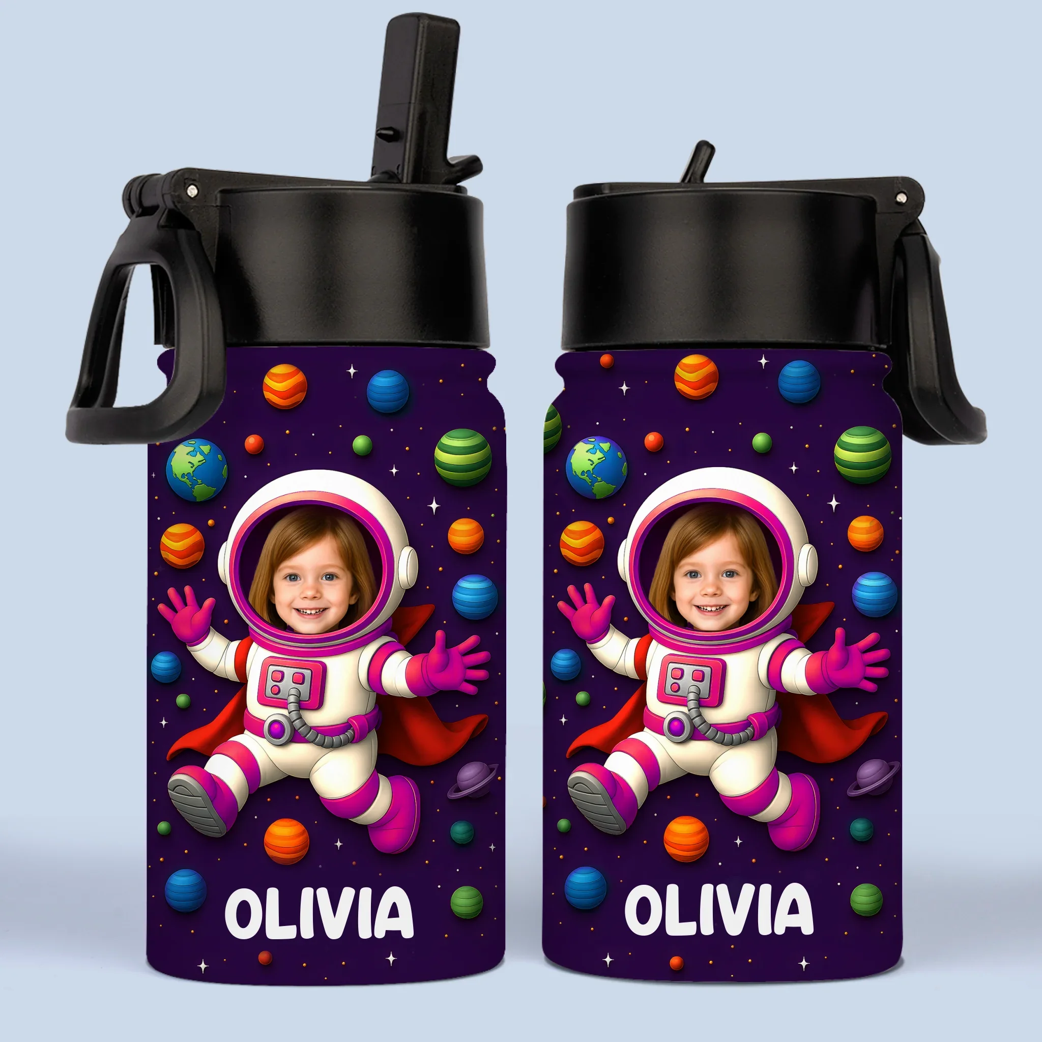 Custom Photo 3D Inflated Effect Printed Kids Water Bottle - Personalized Back To School Gifts For Kids - Dreams Launch Beyond The Stars - Robaser