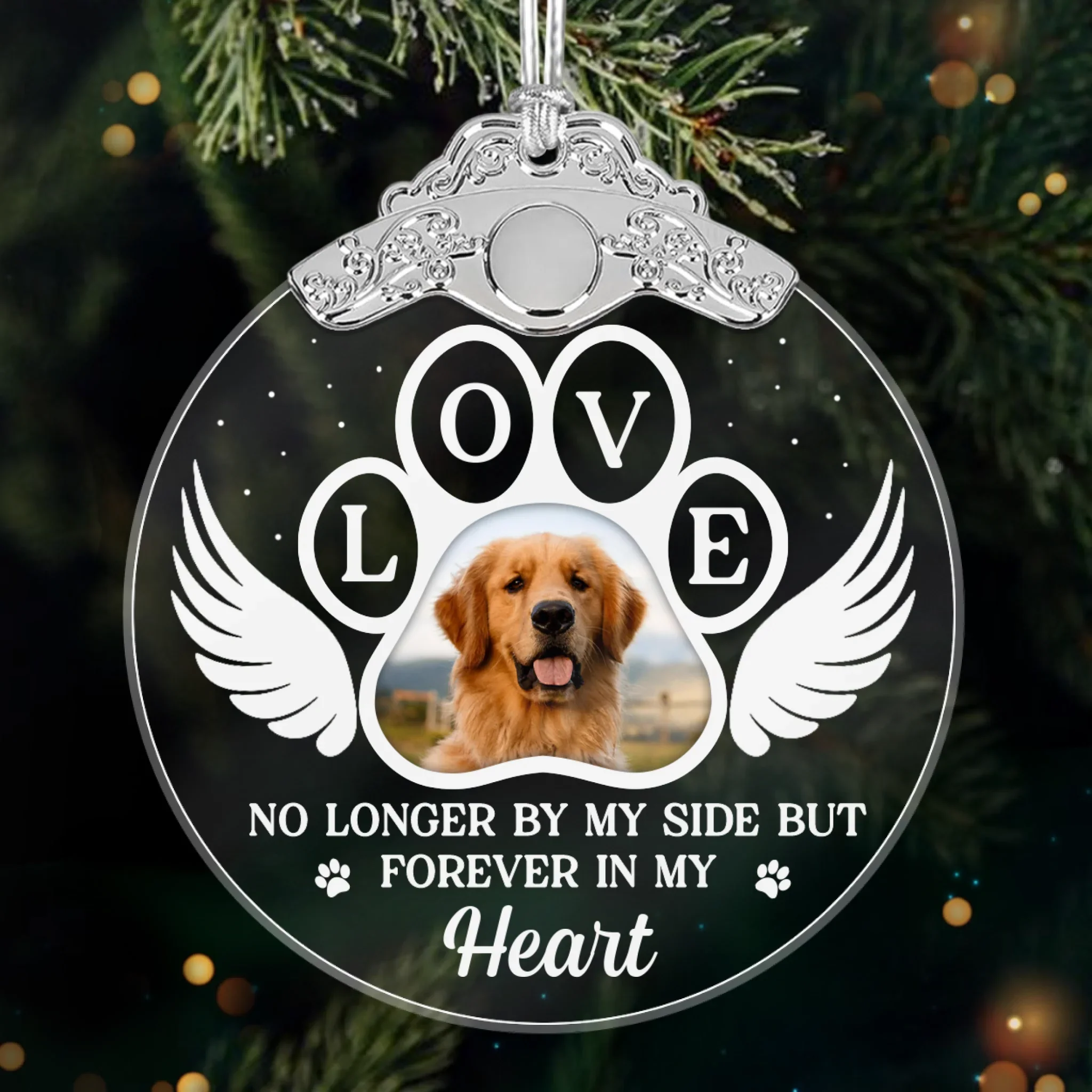 Custom Photo Glass Ornament - Personalized Pet Christmas Memorial Sympathy Gifts For Dogs, Cats - Paws Print Memories In Heart - Robaser