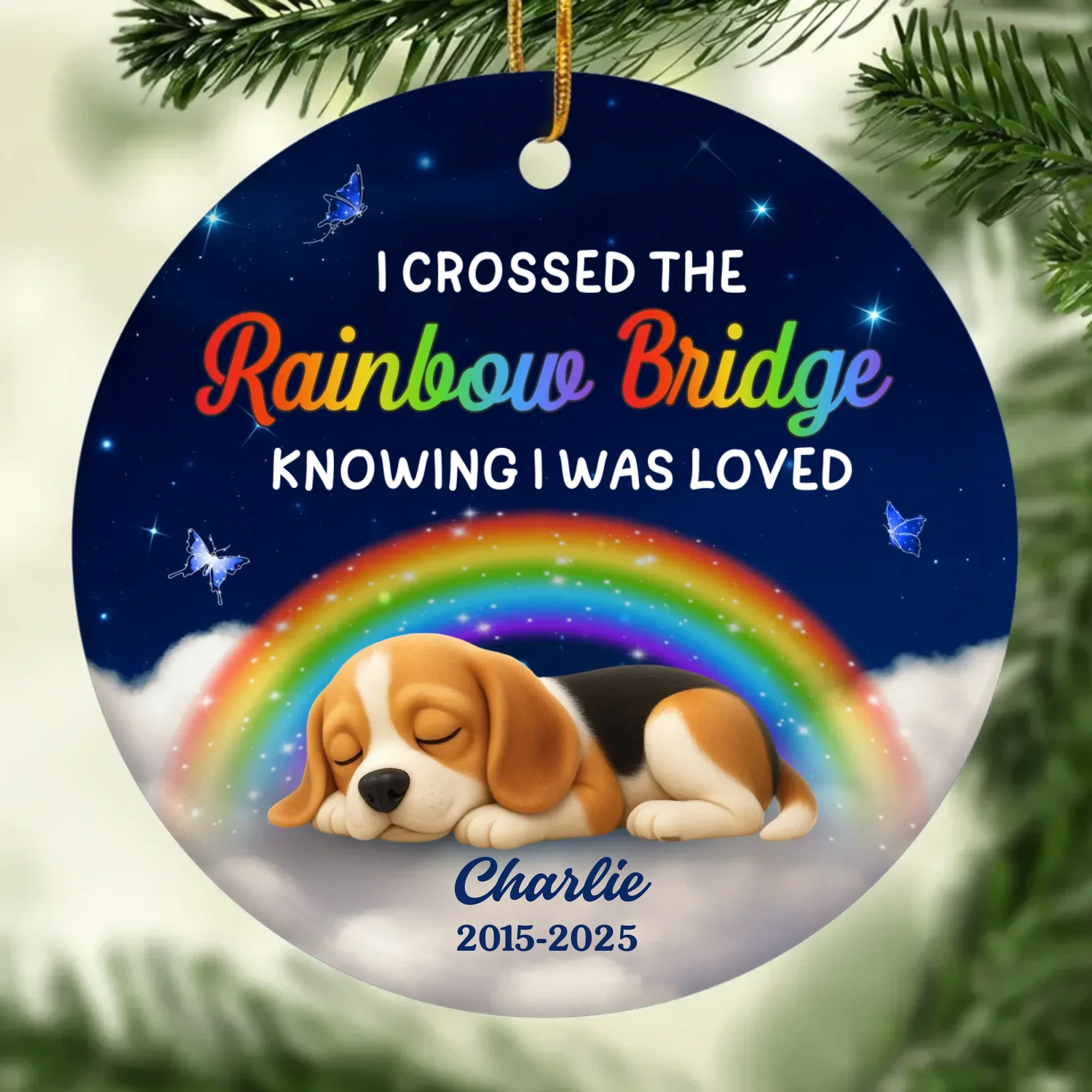 Custom Rainbow Bridge Ceramic Ornament - Personalized Pet Christmas Memorial Sympathy Gifts For Dogs - Tail Wags In Heaven - Robaser