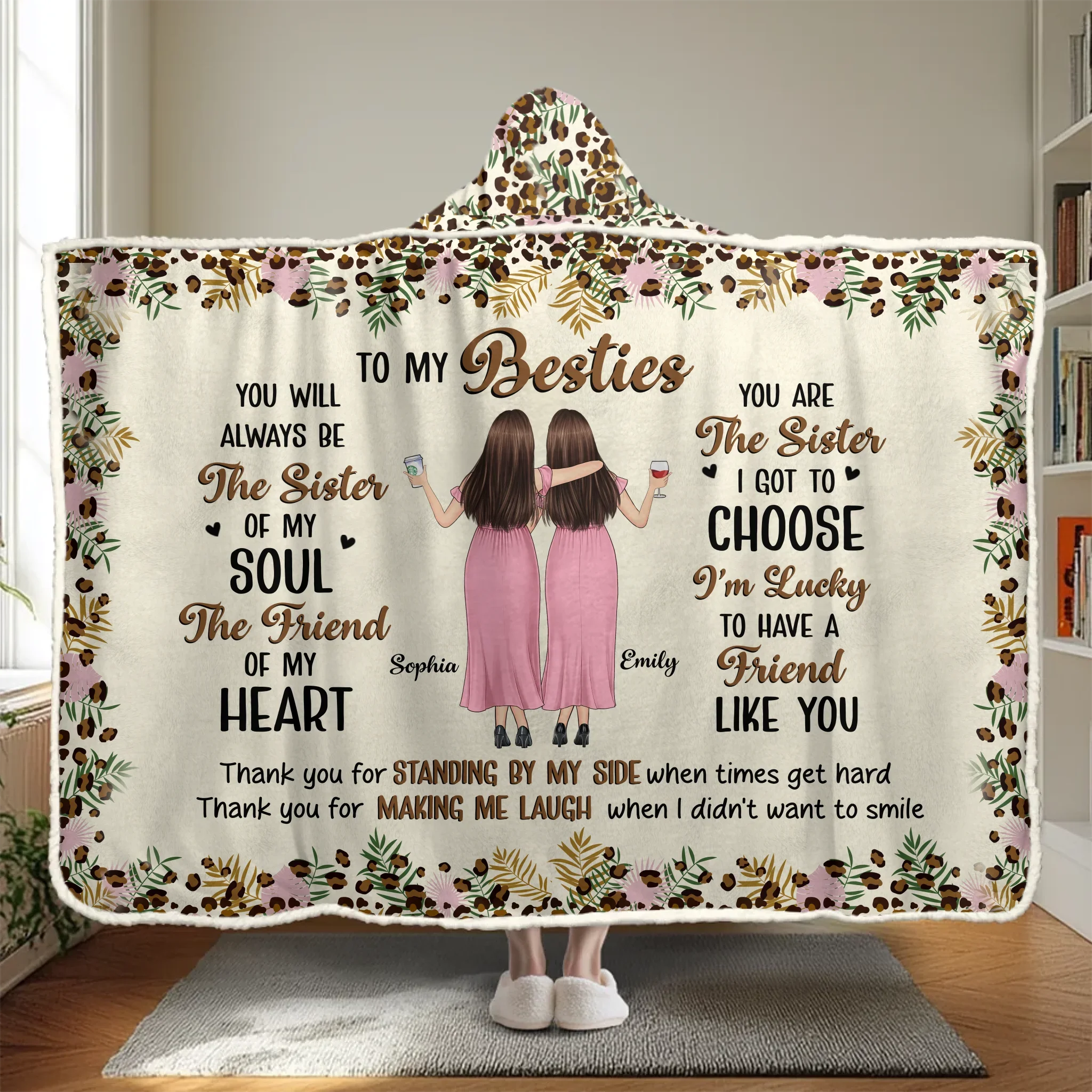 Custom Snuggle Blanket, Hoodie Blanket - Personalized Best Friend Birthday Gifts For Women, Besties, Sisters, BFF - Smiles Shine Stronger With Friends - Robaser