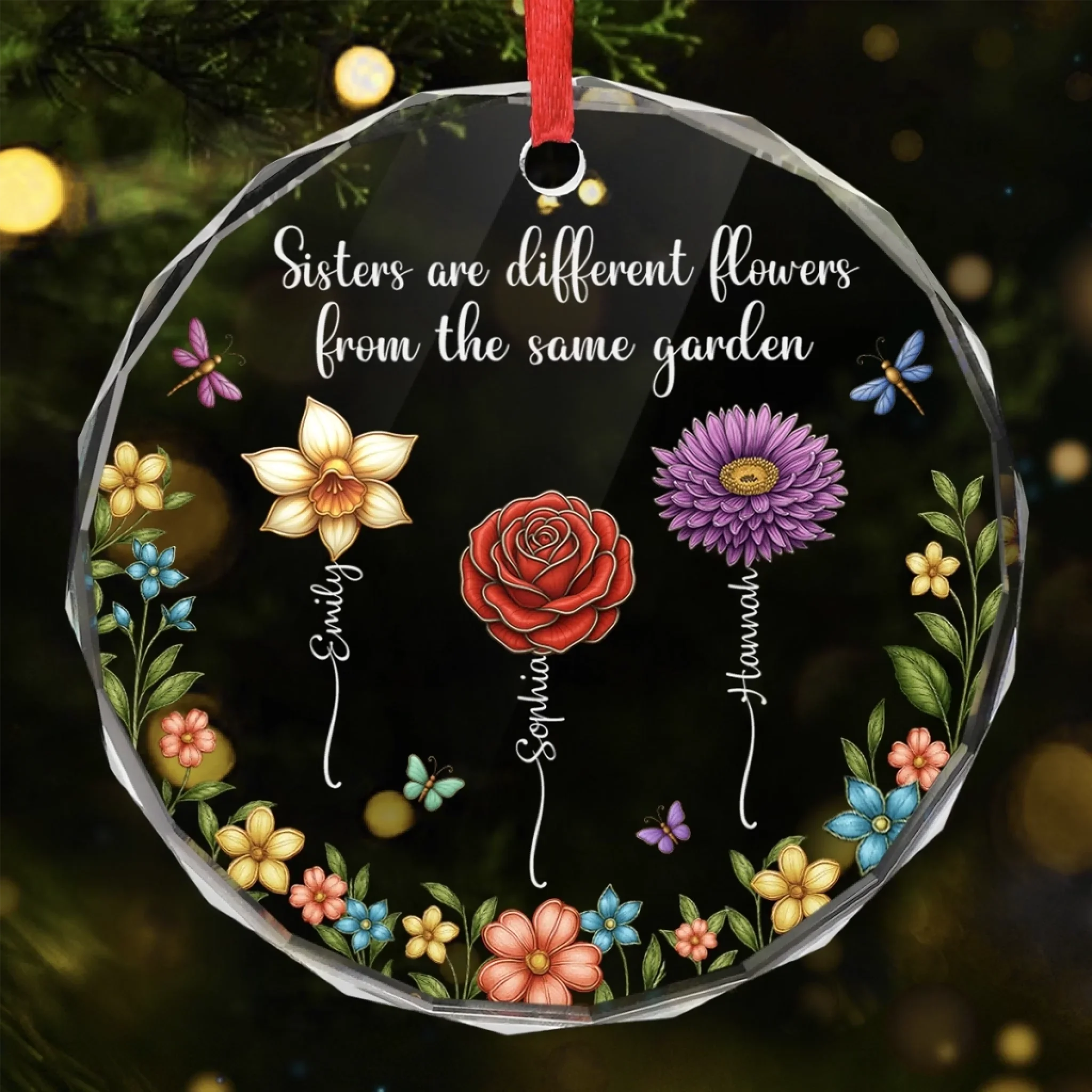 Custom Circle Glass Ornament - Personalized Christmas Best Friend Birthday Gifts For Women, Besties, Sisters, BFF - Sisters Different Flowers Shared Garden - Robaser