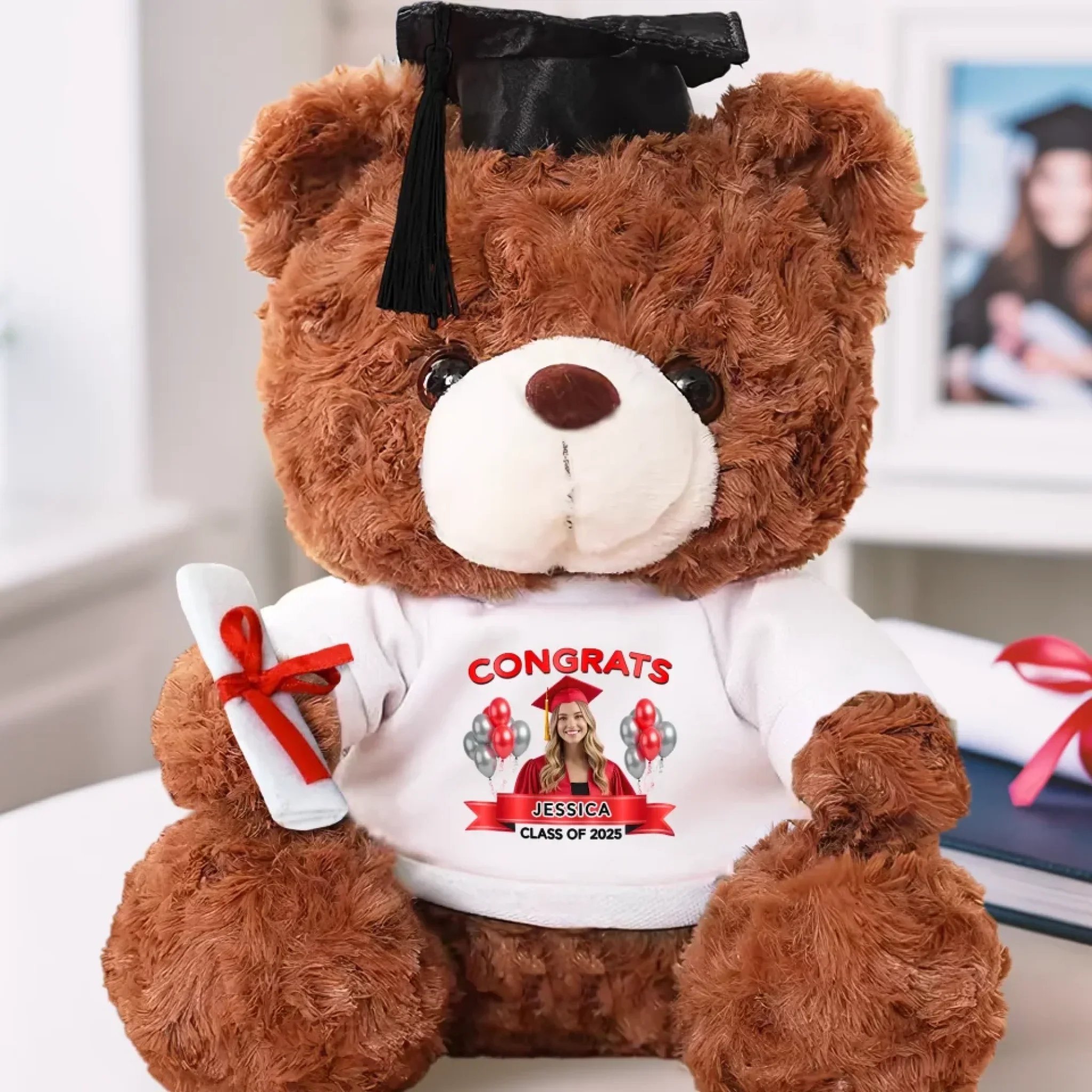 Custom Photo Congrats, Future Begins Now - Family Personalized Custom Graduation Teddy Bear Plush - Graduation Gift For Family Members, Siblings, Brothers, Sisters - Robaser