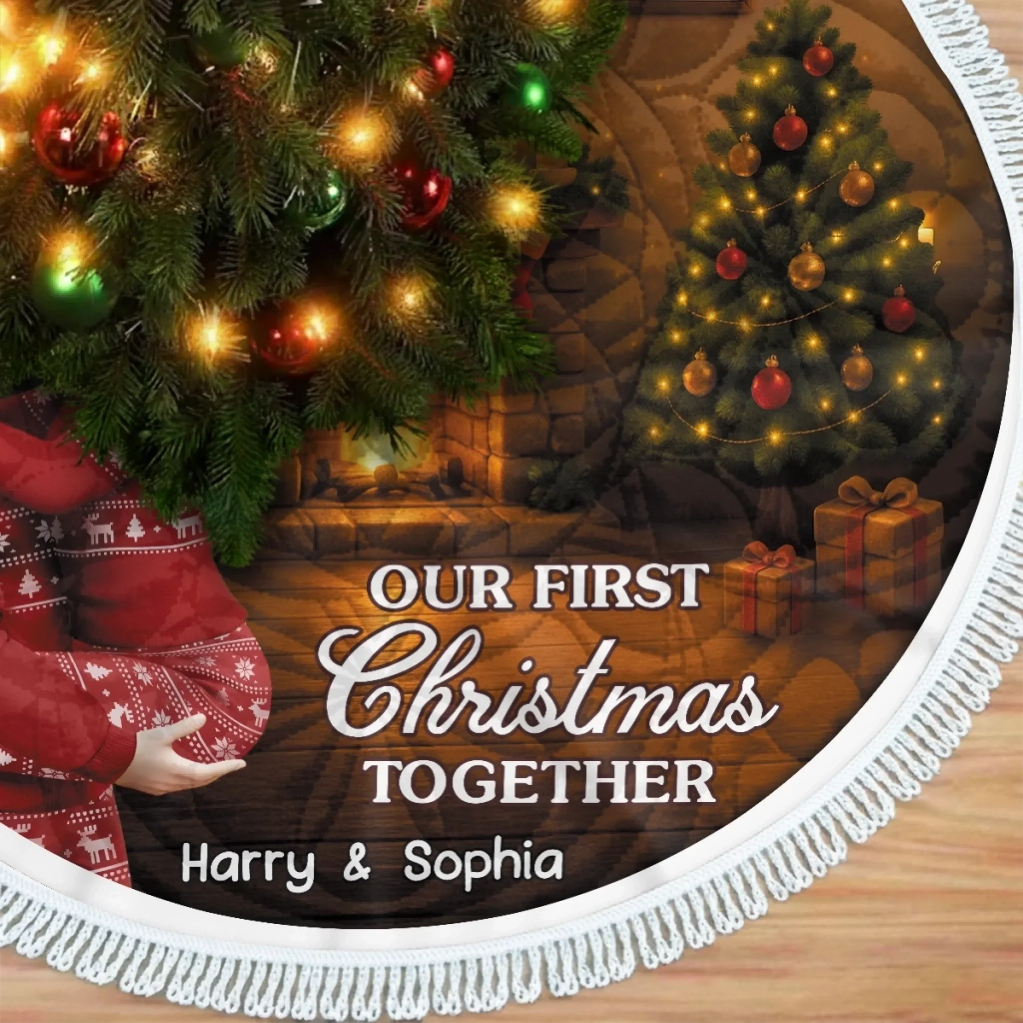 Custom First Christmas Tree Skirt - Personalized Anniversary Christmas Wedding Gifts For Husband And Wife, Him And Her - Our Love Glows Like Christmas Lights - Robaser