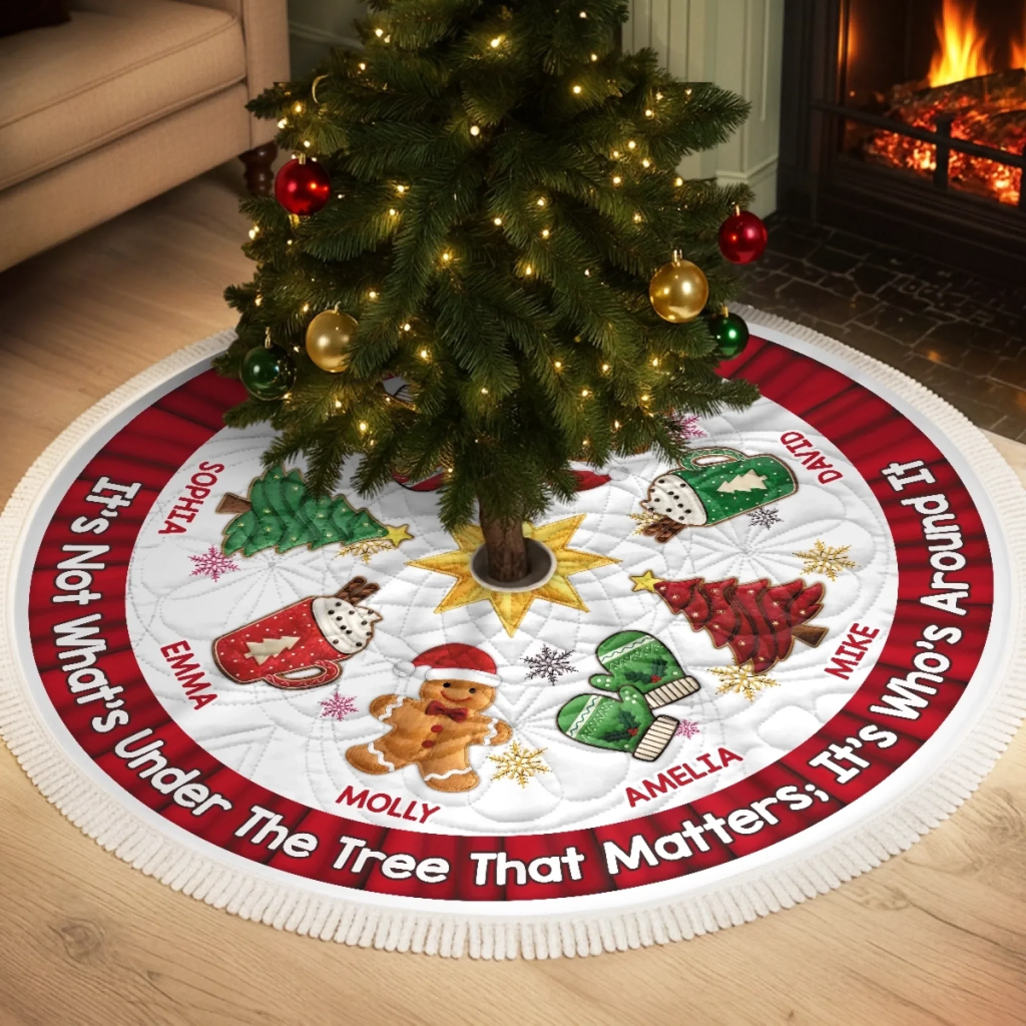 Custom Tree Skirt - Personalized Christmas Birthday Gifts For Mom, Dad, Brother, Sister, Kids - Family Together Hearts Aglow - Robaser