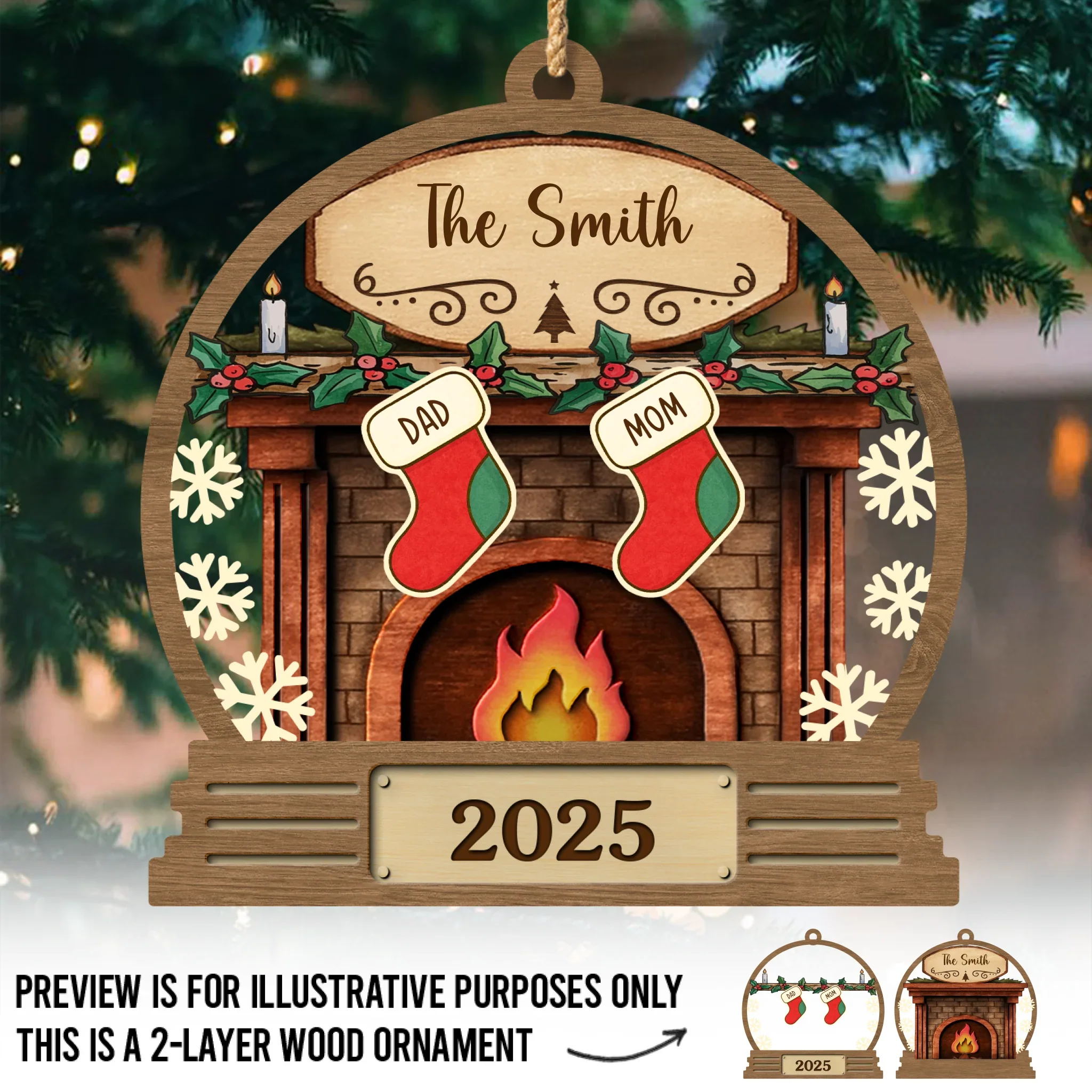 Custom Double Layer Wooden Ornament - Personalized Christmas Birthday Gifts For Mom, Dad, Kids - Love Wrapped In Stockings - Robaser