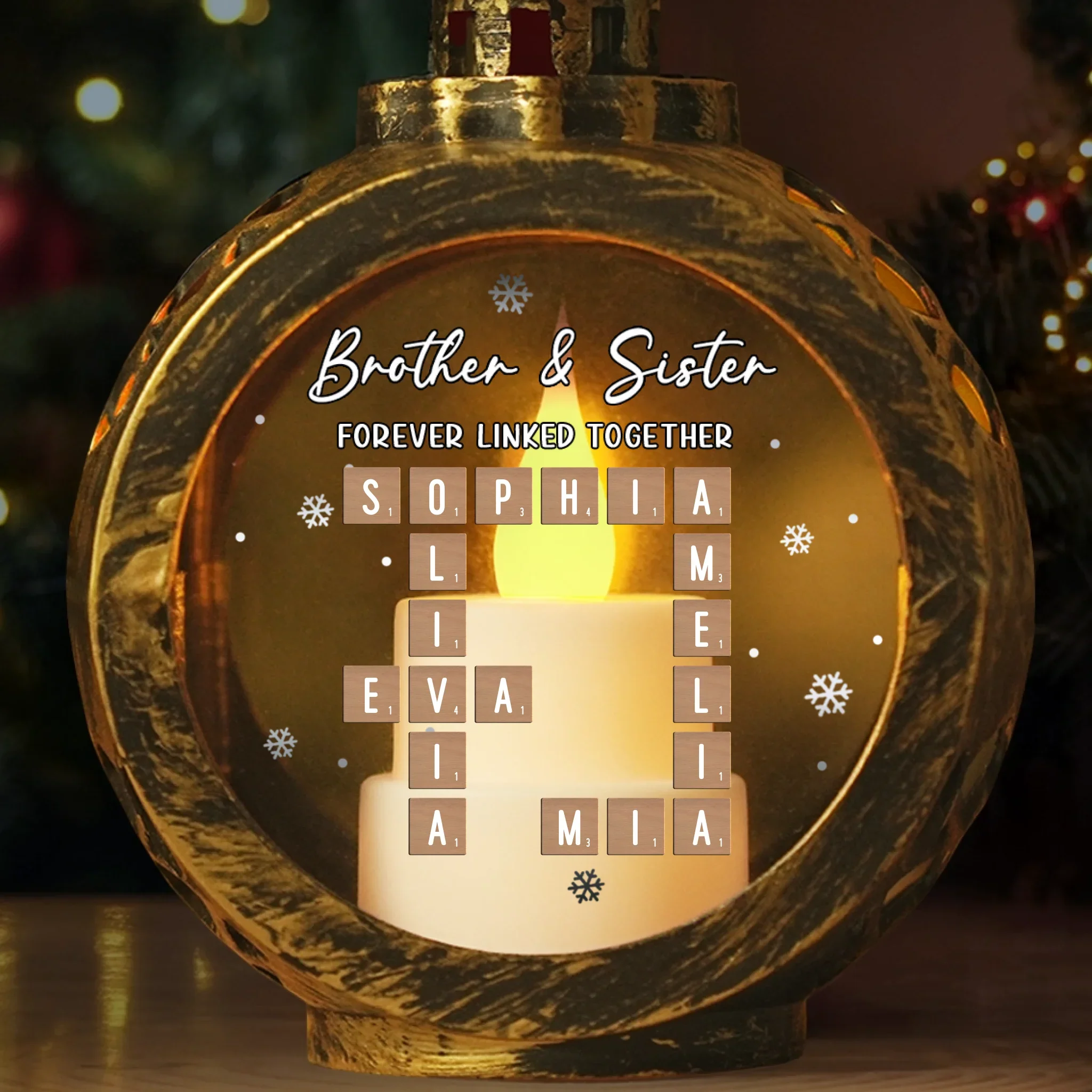 Custom Scrabble Candlelight Lantern Ornament - Personalized Christmas Birthday Gifts For Brother, Sister - Lit By Love Held By Time - Robaser