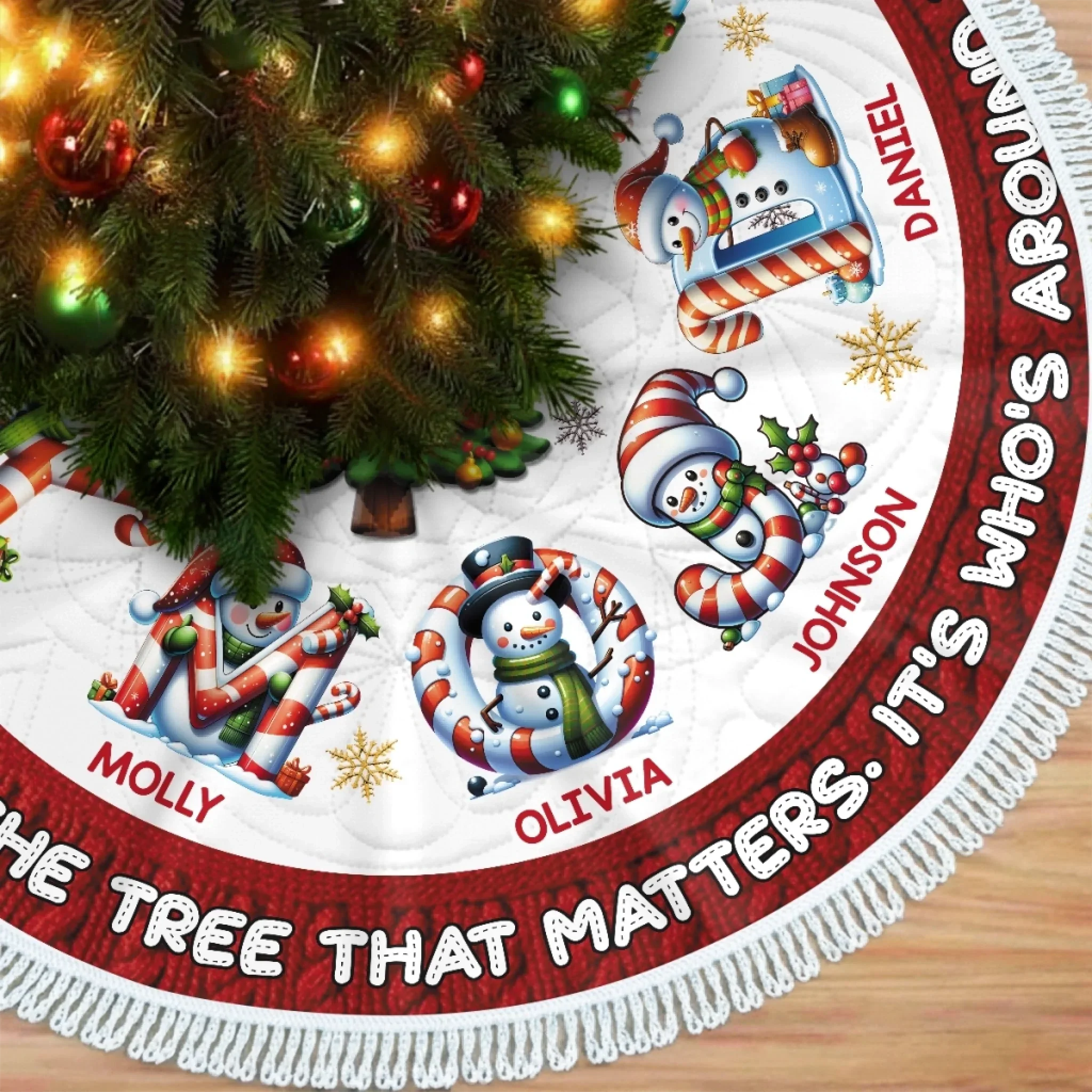Custom Snowman Tree Skirt - Personalized Christmas Birthday Gifts For Mom, Dad, Brother, Sister, Kids - Hugs Beneath The Tree - Robaser