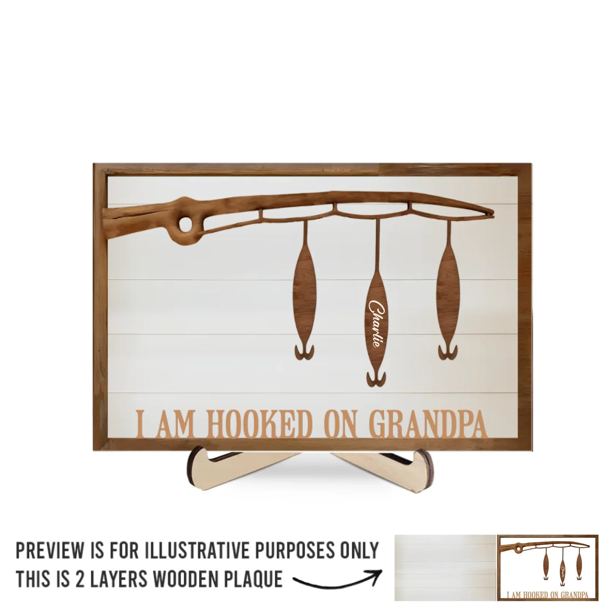 We Are Hooked On You - Family Personalized Custom 2-Layered Wooden Plaque With Stand - Father's Day, Gift For Dad, Grandpa, Sport Lovers, Sport Players - Robaser