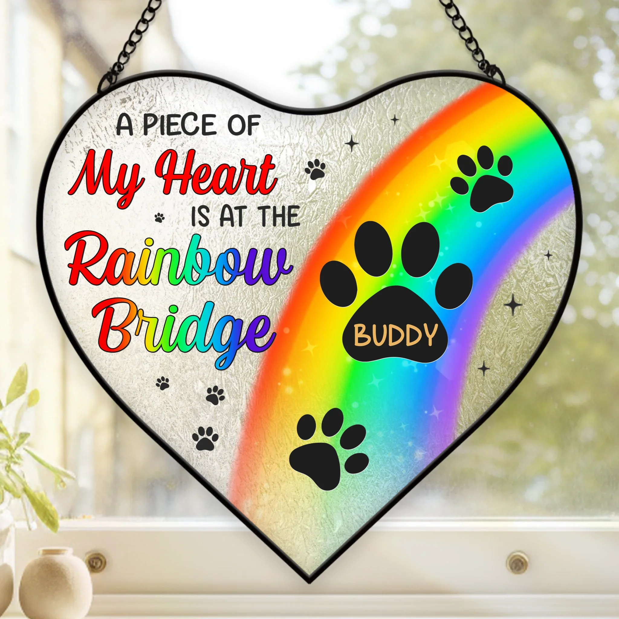 Custom Heart-Shaped Stained Glass Window Suncatcher - Personalized Pet Memorial Sympathy Gifts For Dogs, Cats - A Piece Of My Heart Is At The Rainbow Bridge - Robaser