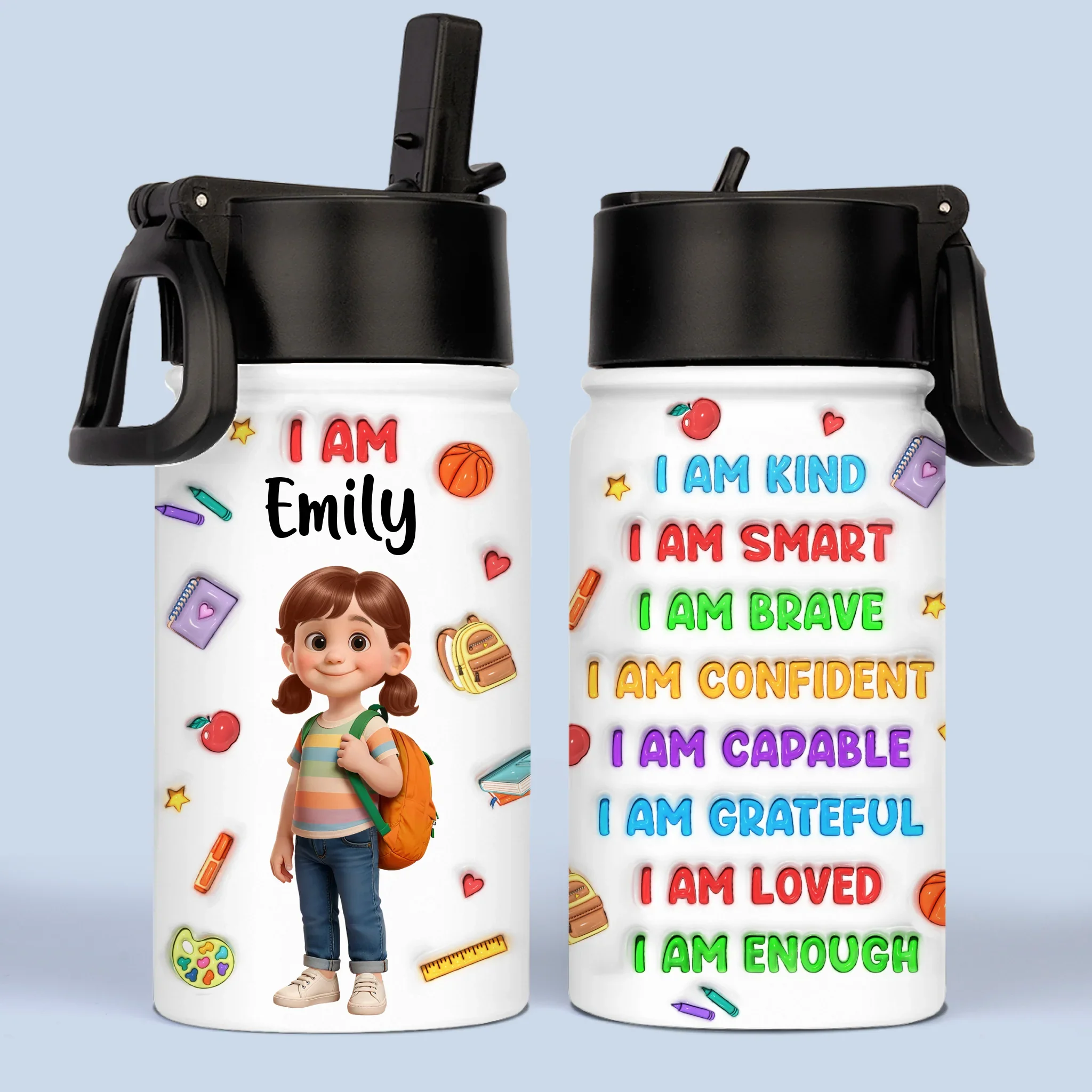 Custom 3D Inflated Effect Printed Kids Water Bottle - Personalized Back To School Gifts For Kids - I Am Brave Bold And Smart - Robaser