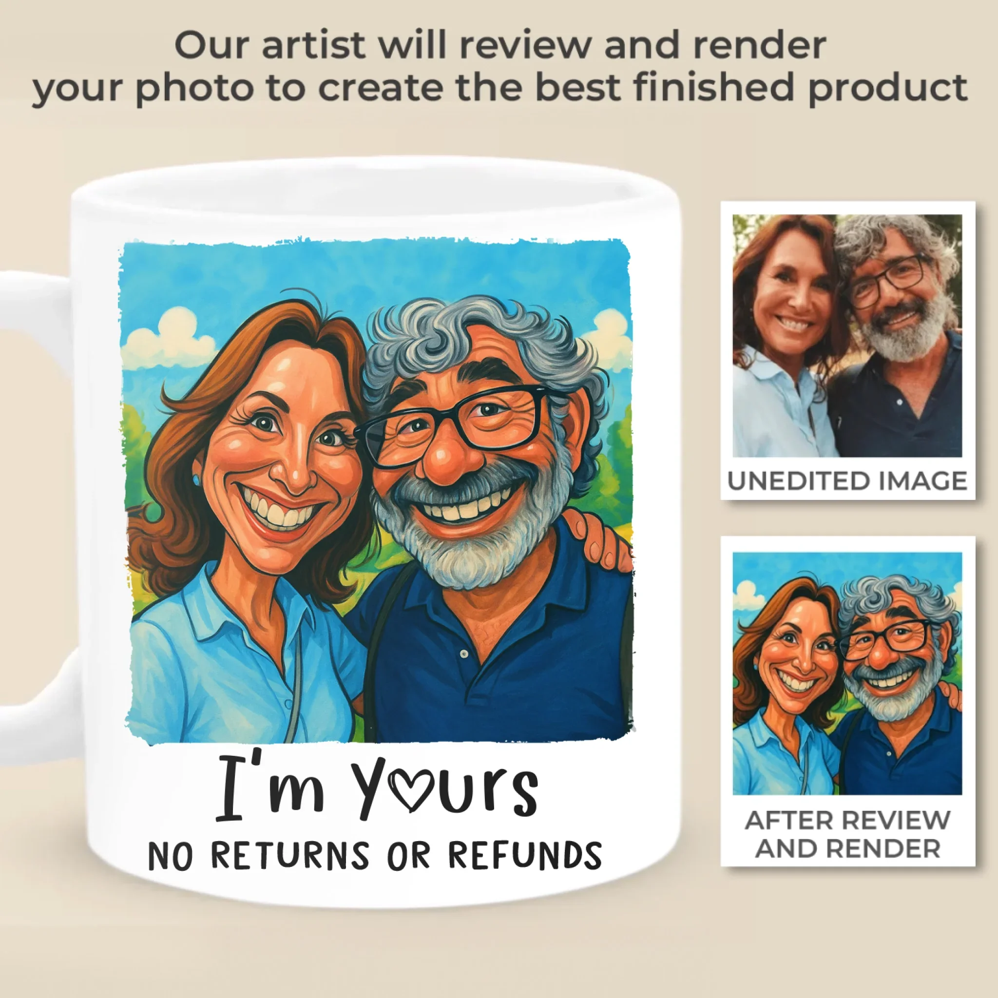 Custom Photo Funny Caricature Mug - Personalized Anniversary Wedding Gifts For Husband And Wife, Him And Her - I'm Yours No Returns Or Refunds - Robaser