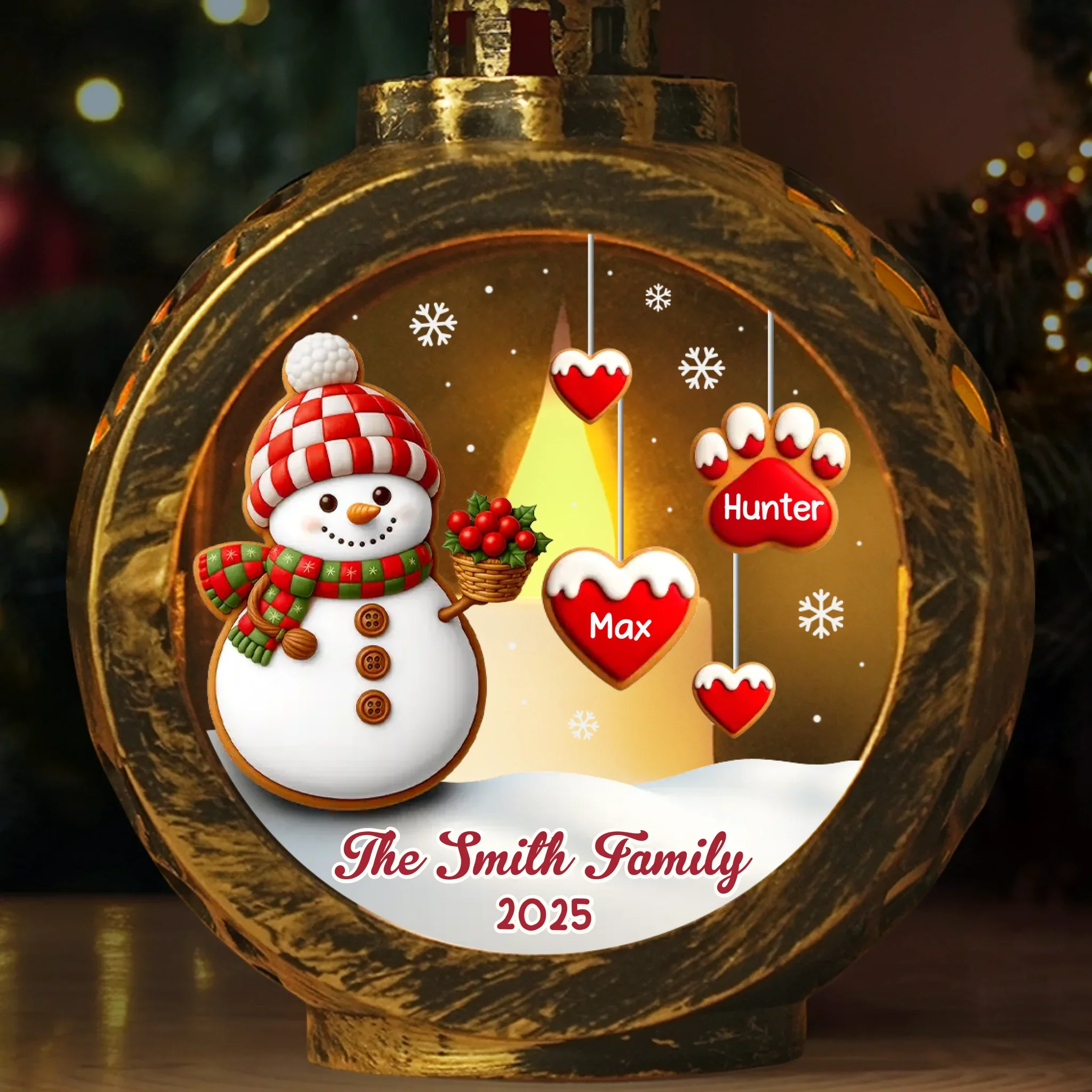 Custom Snowman Candlelight Lantern Ornament -  Personalized Christmas Birthday Gifts For Mom, Dad, Brother, Sister, Kids - Family Hearts Beat As One - Robaser