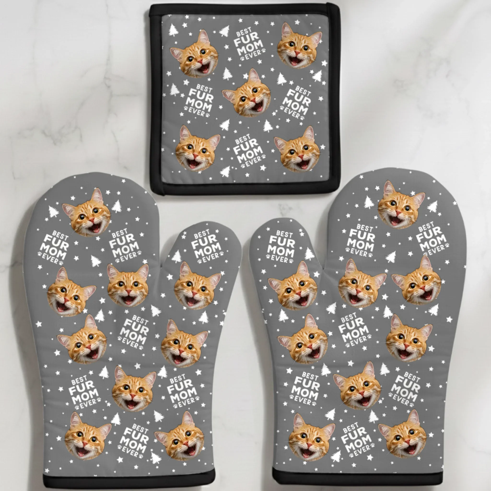 Custom Photo Oven Mitt And Pot Holder Set - Personalized Christmas Birthday Gifts For Mom, Grandma, Dog Cat Lovers - Best Fur Mom Ever - Robaser