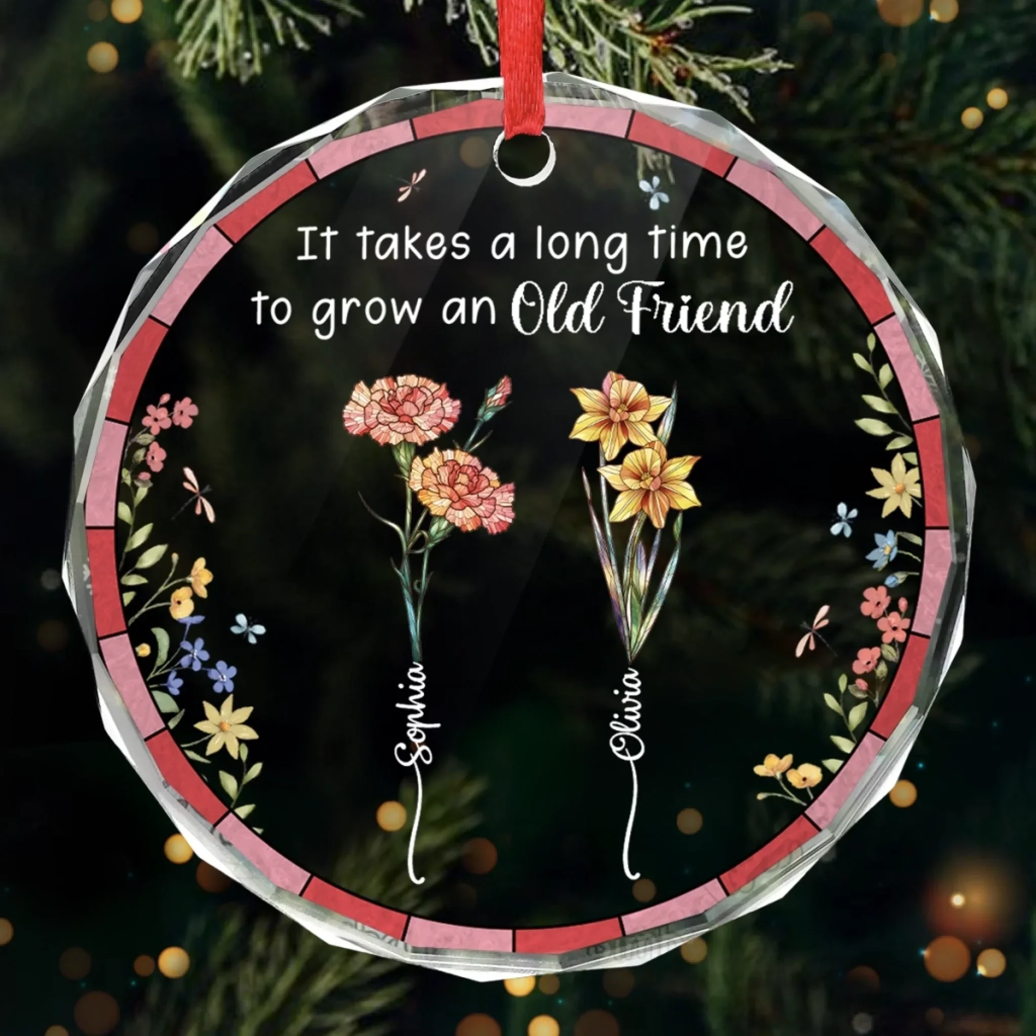 Custom Circle Glass Ornament - Personalized Christmas Best Friend Birthday Gifts For Women, Besties, Sisters, BFF - Blooming Bonds - Robaser