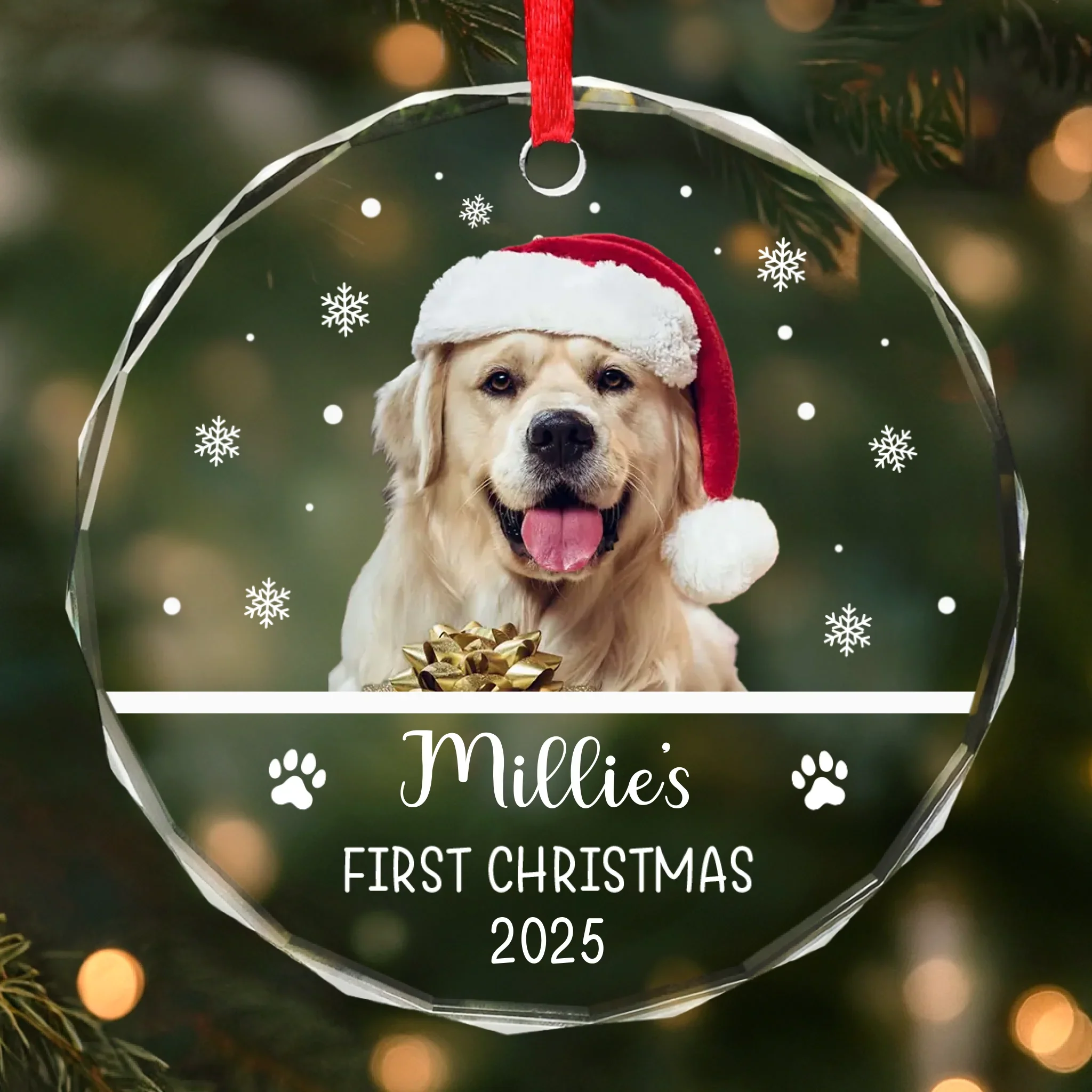 Custom Photo First Christmas Pet Glass Ornament - Personalized Christmas Birthday Gifts For Dog Lovers, Cat Lovers, Pet Dad And Mom, New Pet Ornament - New Paws New Joy - Robaser