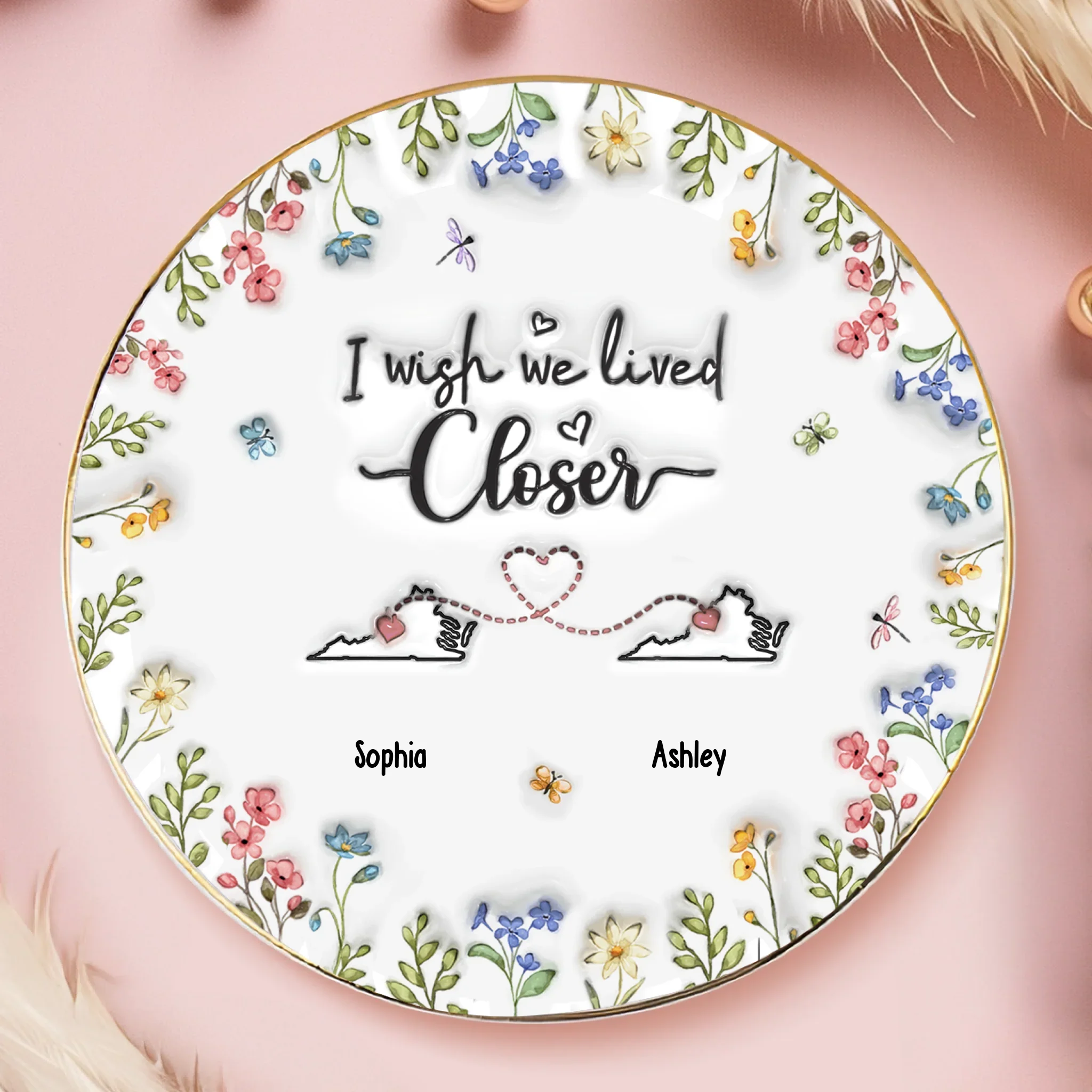Custom 3D Inflated Effect Printed Full-Print Round Jewelry Dish - Personalized Best Friend Birthday Gifts For Women - I Wish We Lived Closer - Robaser