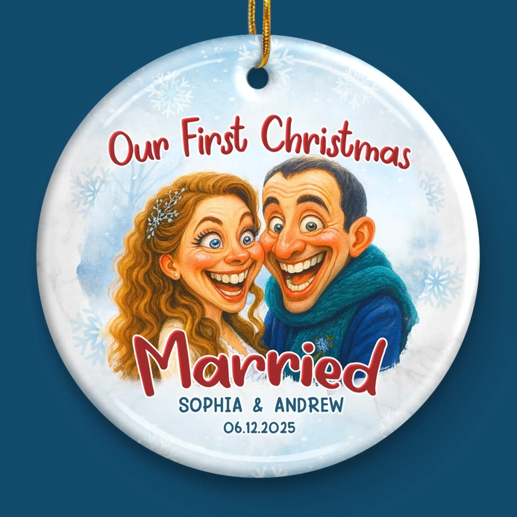 Custom Photo Funny Caricature Ceramic Ornament - Personalized Anniversary Christmas Wedding Gifts For Husband And Wife, Him And Her - Survived Our First Christmas As Mr And Mrs - Robaser