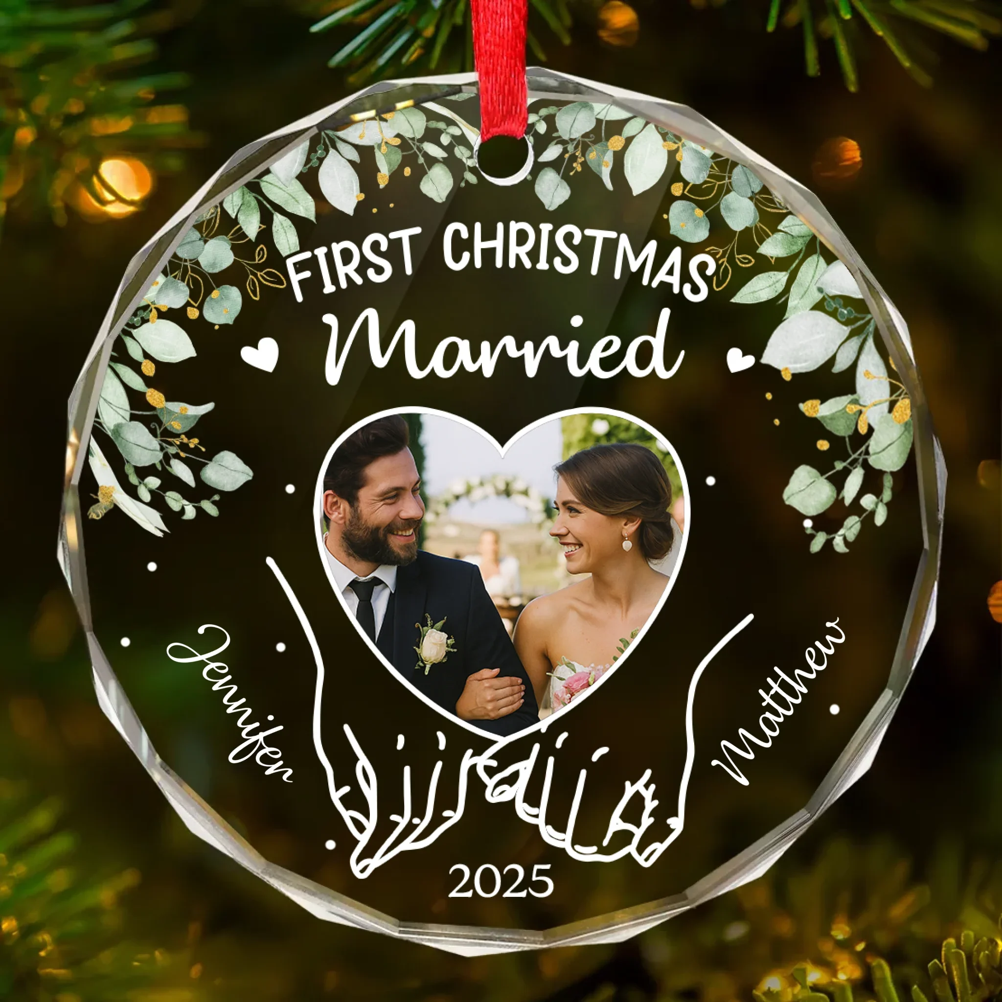 Custom Photo Circle Glass Ornament - Personalized Anniversary Christmas Wedding Gifts For Husband And Wife, Him And Her - Wrapped In Love, Tied With Joy - Robaser