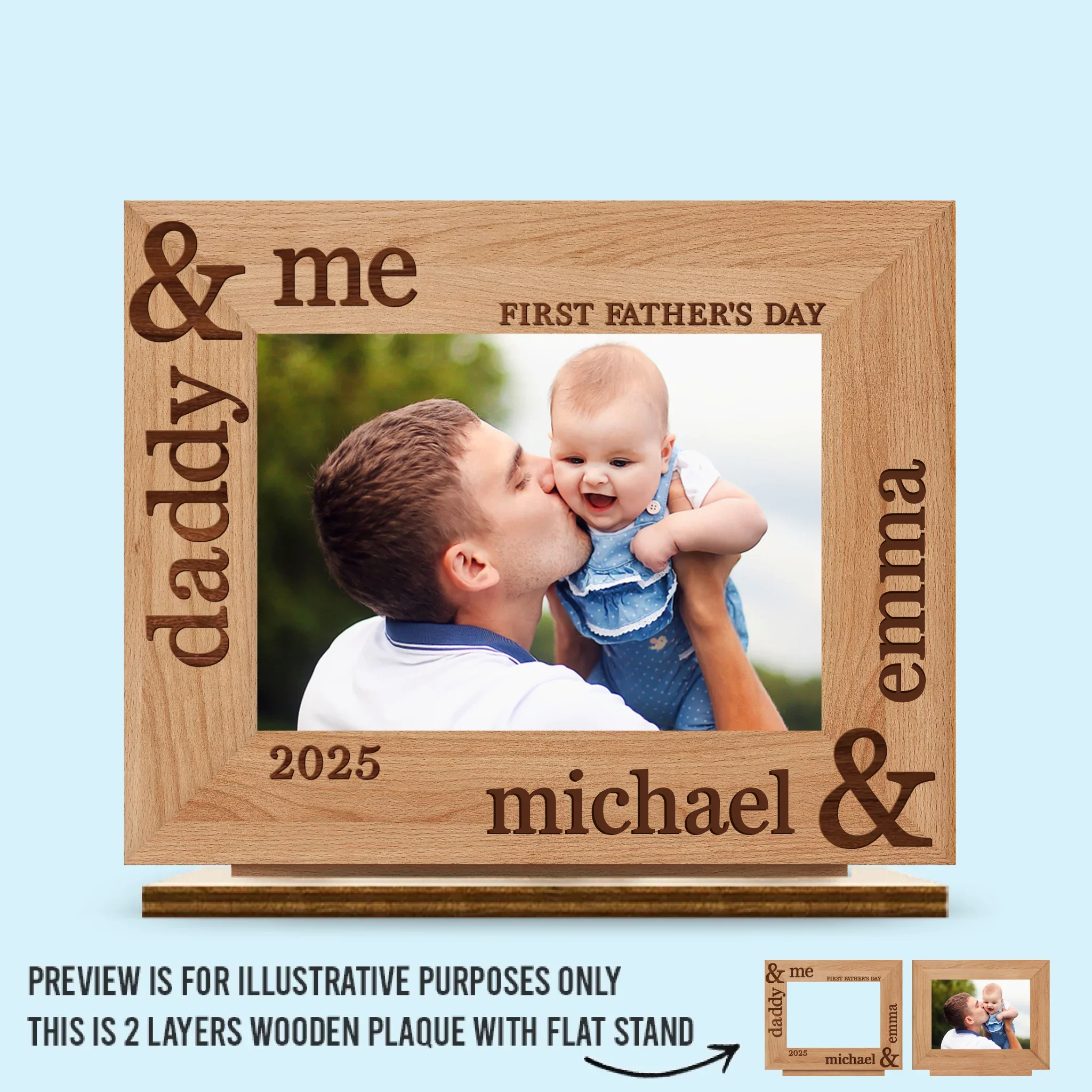 Custom Photo Our First Fathers Day Together - Family Personalized Custom Shaped 2-Layered Wooden Plaque With Flat Stand - Father's Day, Baby Shower Gift, Gift For First Dad, Baby Kids, Newborn Baby - Robaser
