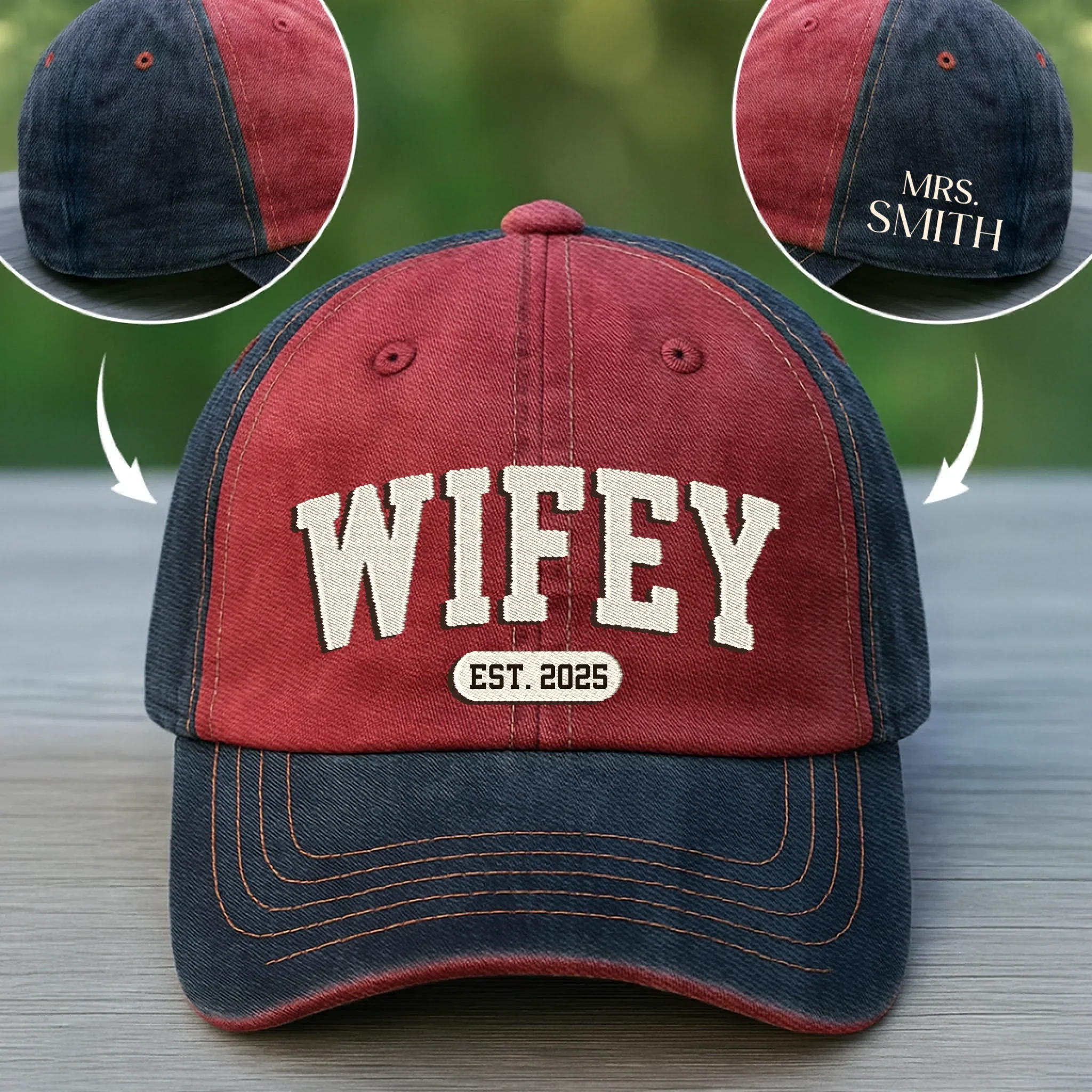 Custom Embroidered Effect Washed Denim Baseball Cap - Personalized Anniversary Wedding Gifts For Husband And Wife, Him And Her - Married Life, Best Life - Robaser